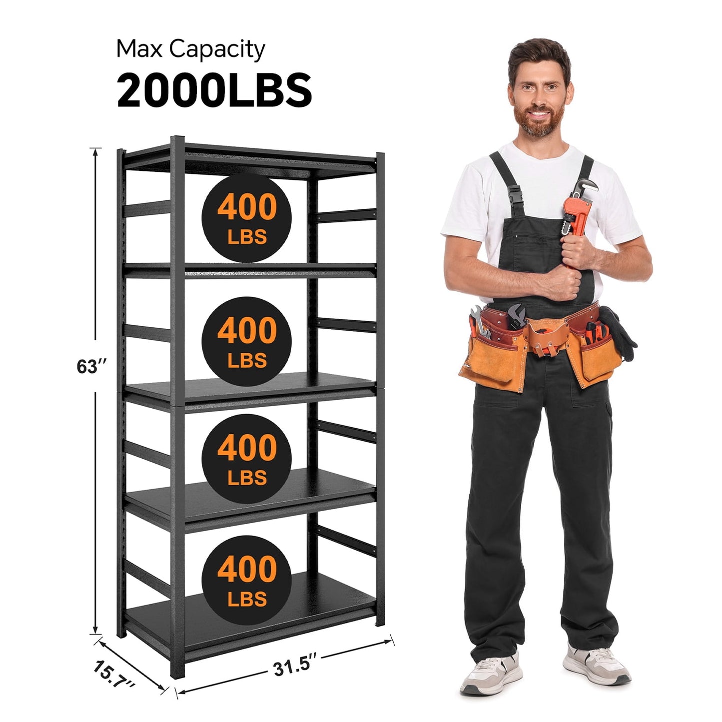 COOKCOK Storage Shelving Unit, 5-Tier Metal Shelf, 31.5"x15.7"x63", Adjustable Garage Shelves, Load 2000LBS, Kitchen Shelf with Protective Side, Black