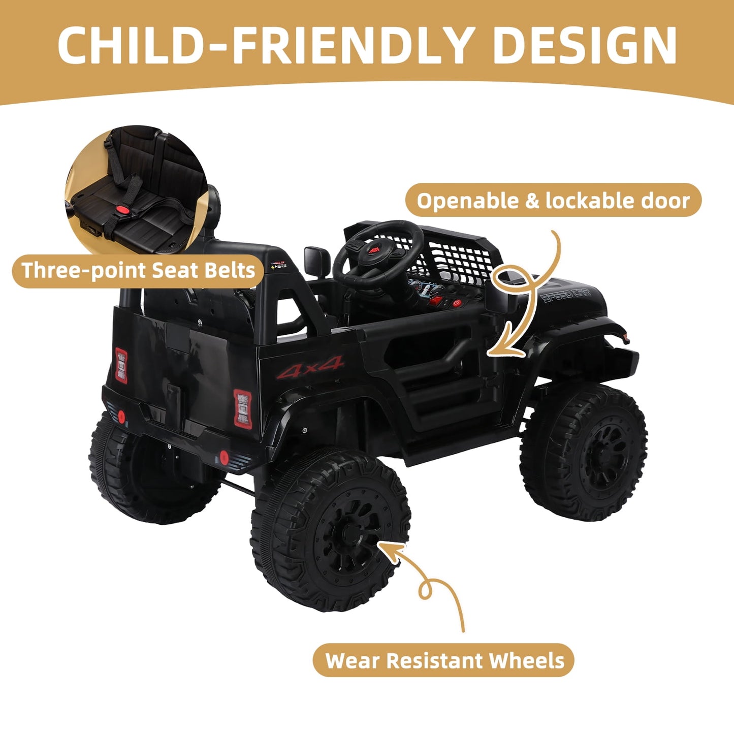 Track 7 Kids Ride on Truck, 12V Ride on Car with Remote Control, Kids Electric Car, Bluetooth, LED Lights, MP3, Black
