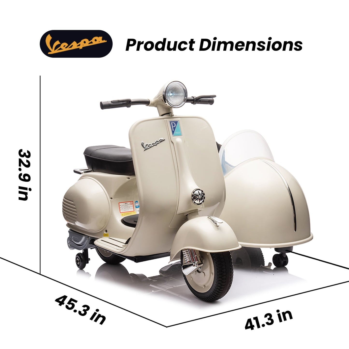Track Seven 12V Licensed Vespa Ride on Motorcycle with Side Car, 2-Seater Electric Car for Kids Age 3+, Music, Max Speed 4.8mph, Grey