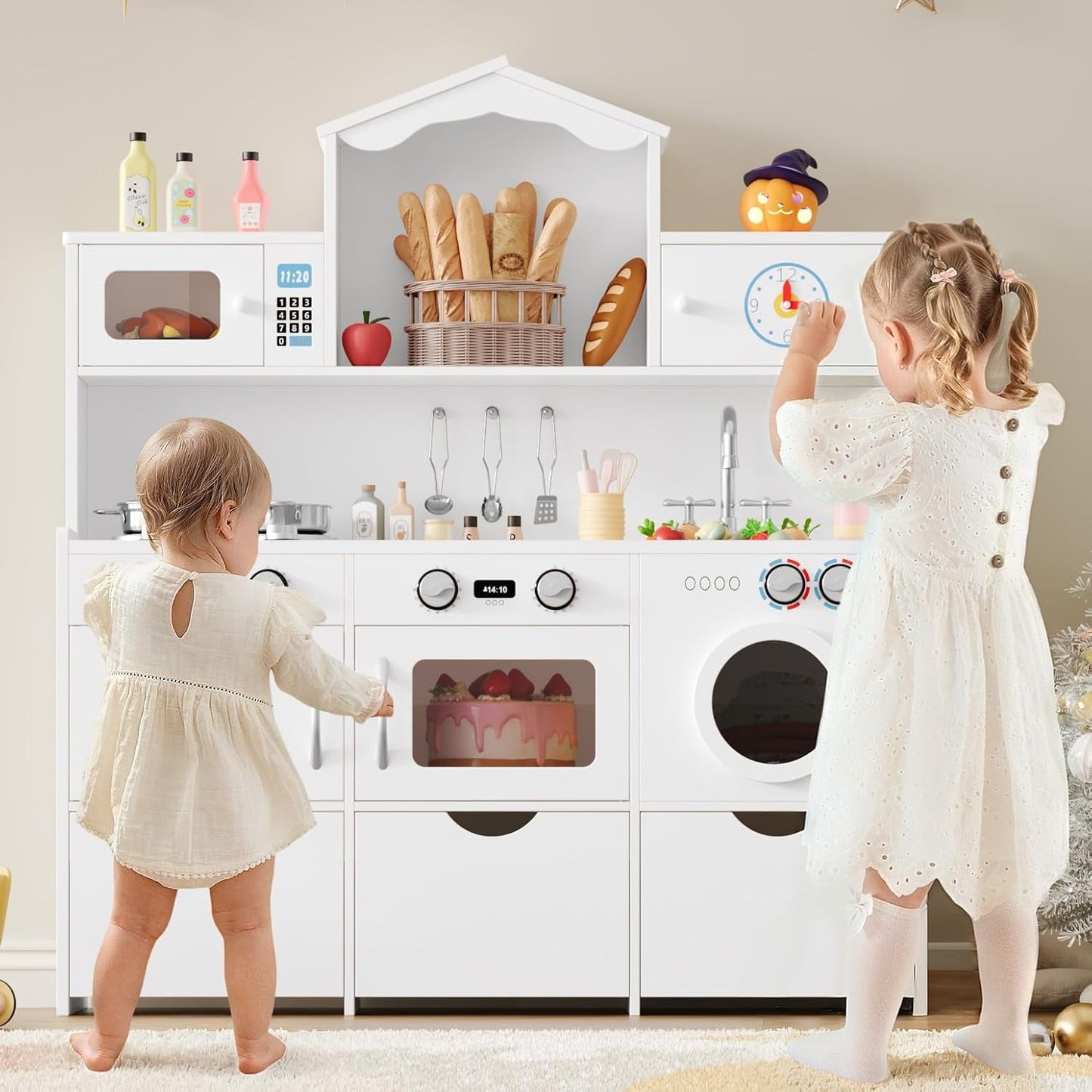 Track Seven Wooden Play Kitchen for Kids and Toddler, Toy Kitchen Playset with Plenty of Pretend Play Features and Storage Drawers, Gift for Boys and Girls, White