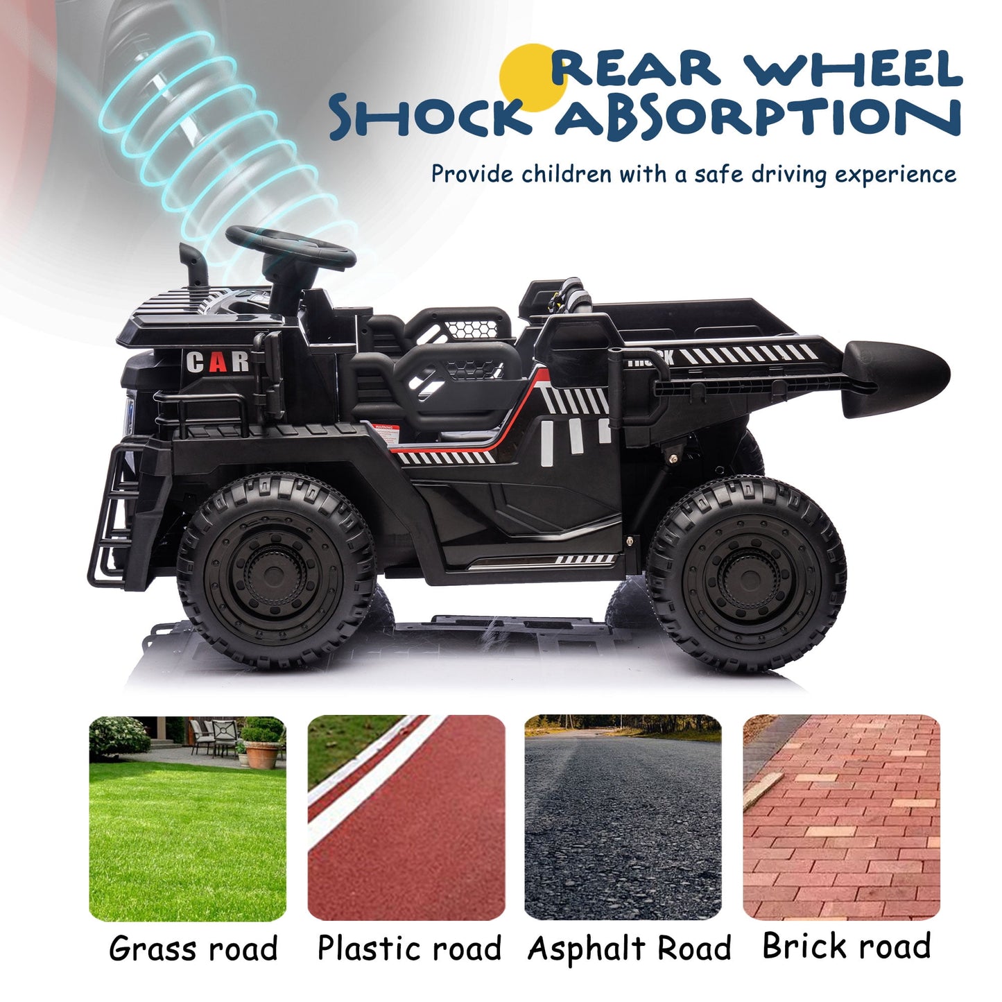 Track Seven 24V Ride on Car, 2-Seater Kids Ride on Dump Truck with E-Rear Dump, Remote, Bluetooth, LED Lights, 19.69" Width Seat, Max 5mph, 400W Motor, Electric Car for Boys Girls Age 3+, Black