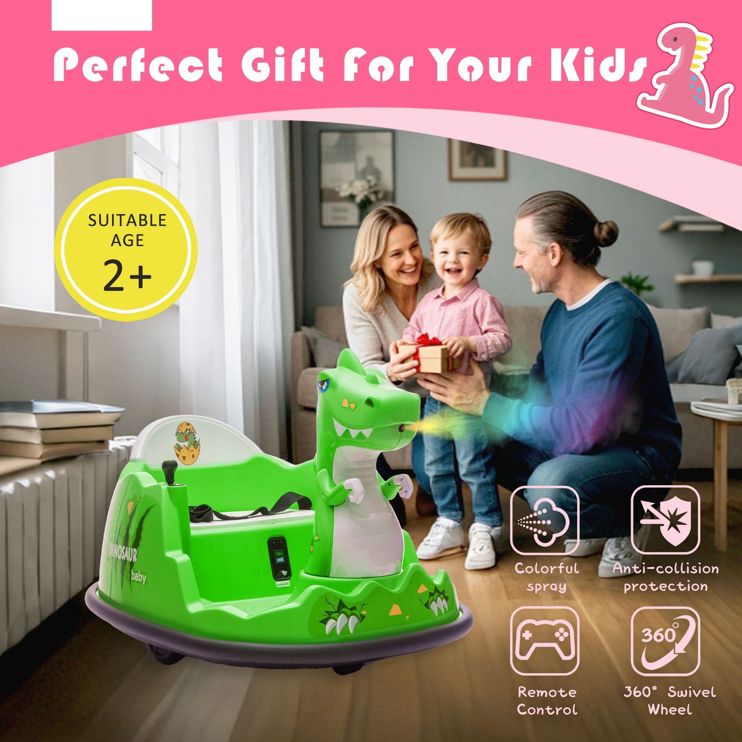 Track Seven 12V Kids Ride-on Toy with Remote Control, Dinosaur Shape Design, Bumper Car, Spray With Light, 360 Degree Rotation, Safety Anti-Collision Strip, Large Size Seat Design For Kids 2-5,Green