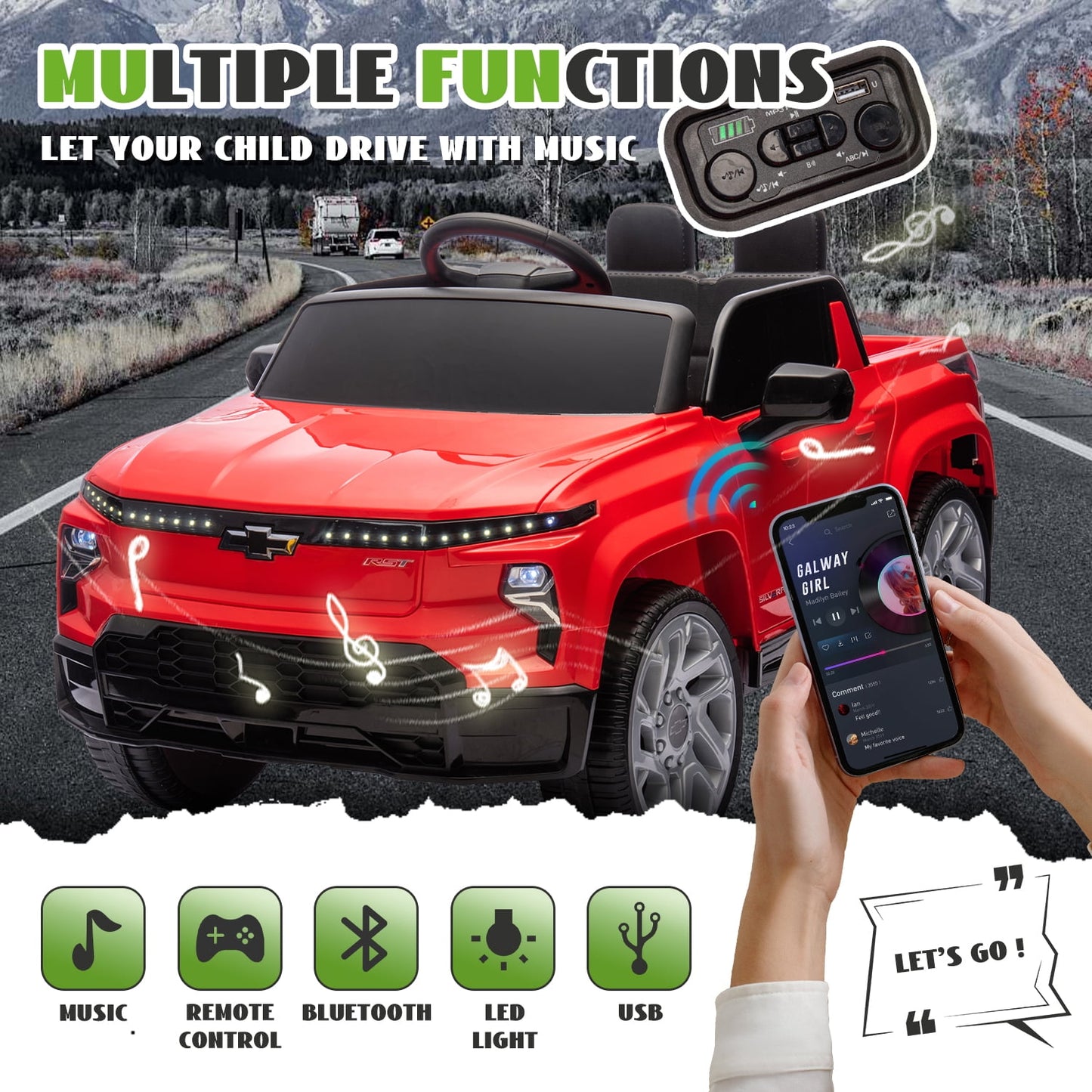 Track Seven 24V Ride on Car, Licensed Chevrolet Silverado Electric Car Truck with Remote Control, Bluetooth, LED Lights, Power Display, Rear Storage Ride on Toy Car for Boys Girls Age 3+, Red