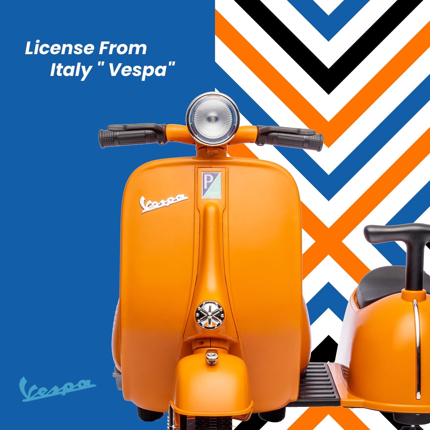 Track Seven 2-Seater Ride on Motorcycle, Licensed Vespa Electric Motorcycle with Side Car, 2-Seater Ride on Car, Music, Storage Bin, Max Speed 3.7mph, Orange