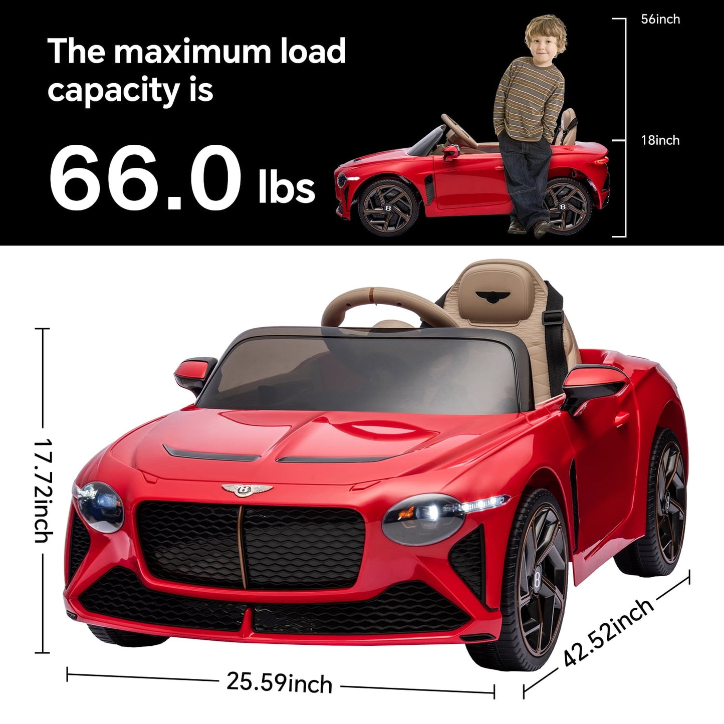LISUEYNE Kids Ride on Car, 12V Licensed Bentley Mulsanne Electric Car for Kids Age 3+, Remote, Music, Red