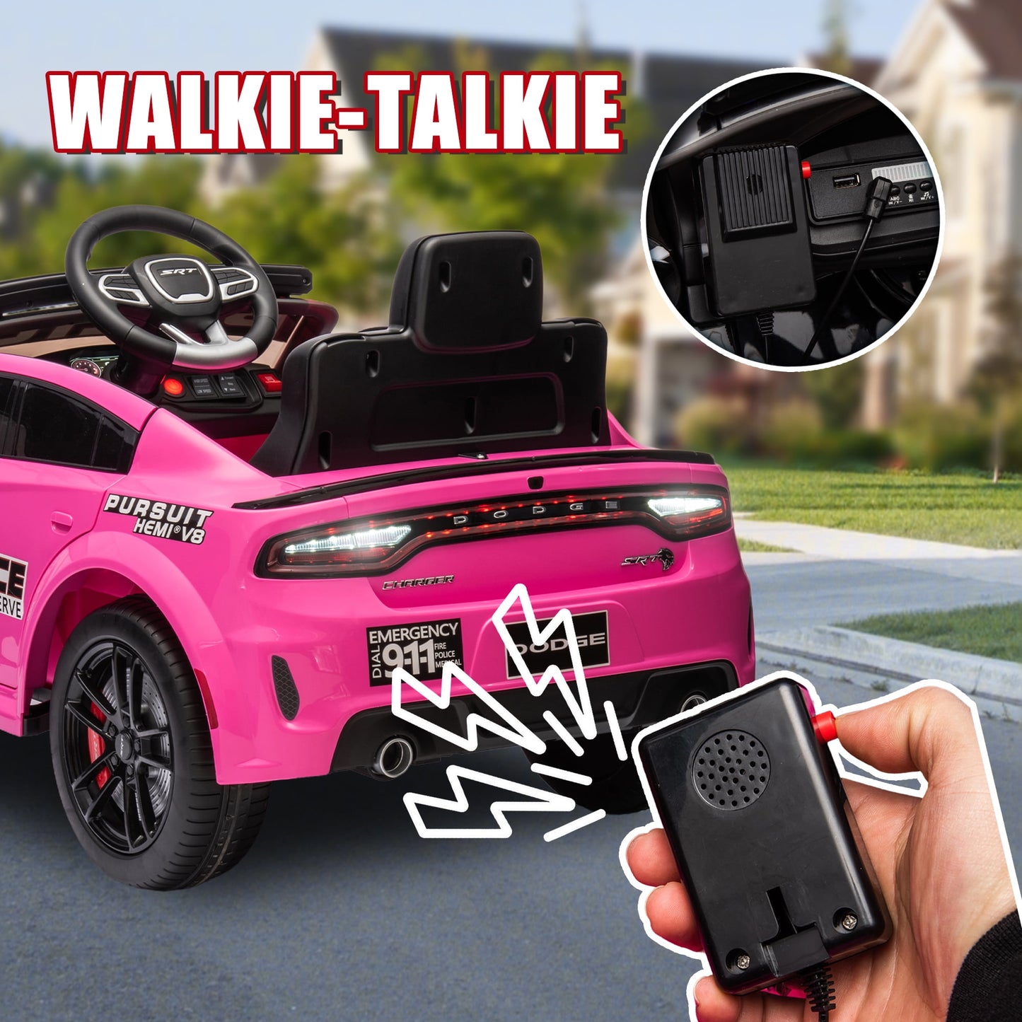 Track 7 Licensed Dodge Charger SRT Ride on Car, 12V Kids Ride on Police Car with Remote Control, Music, Alarm Lights, Megaphone, Electric Car for Kids Age 3+, Pink