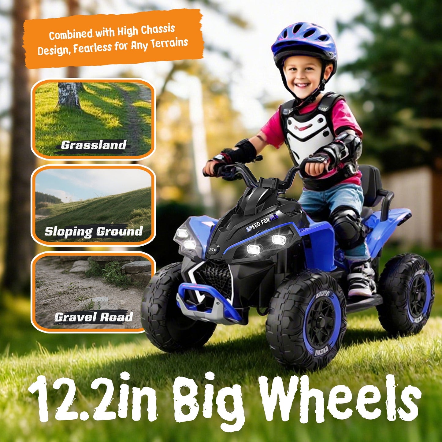 Track Seven 24V Kids Ride-On ATV, Four Wheeler Quad Electric Car with Remote, 2 Speeds, Bluetooth, LED Light, English Storytelling, Shock Absorber, Kids Electric ATV for Boys Girls Aged 3+, Blue