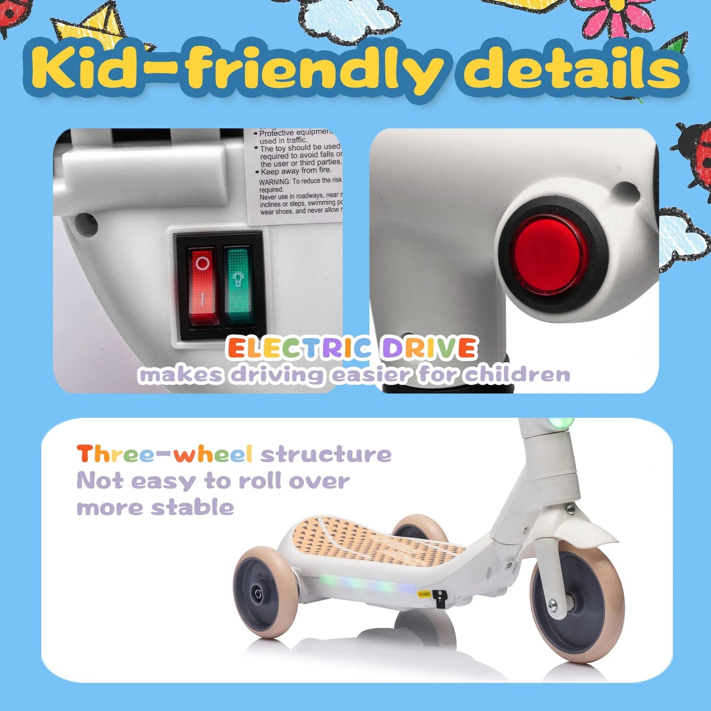 Track Seven Electric Scooter for Kids, 3 Wheels Kids Kick Scooter with Spray, LED Lights, PU Wheels, Wide Pedal, Music, Independent Light Switch, 6V Scooter for Boys Girls Toddlers Ages 3-6, White