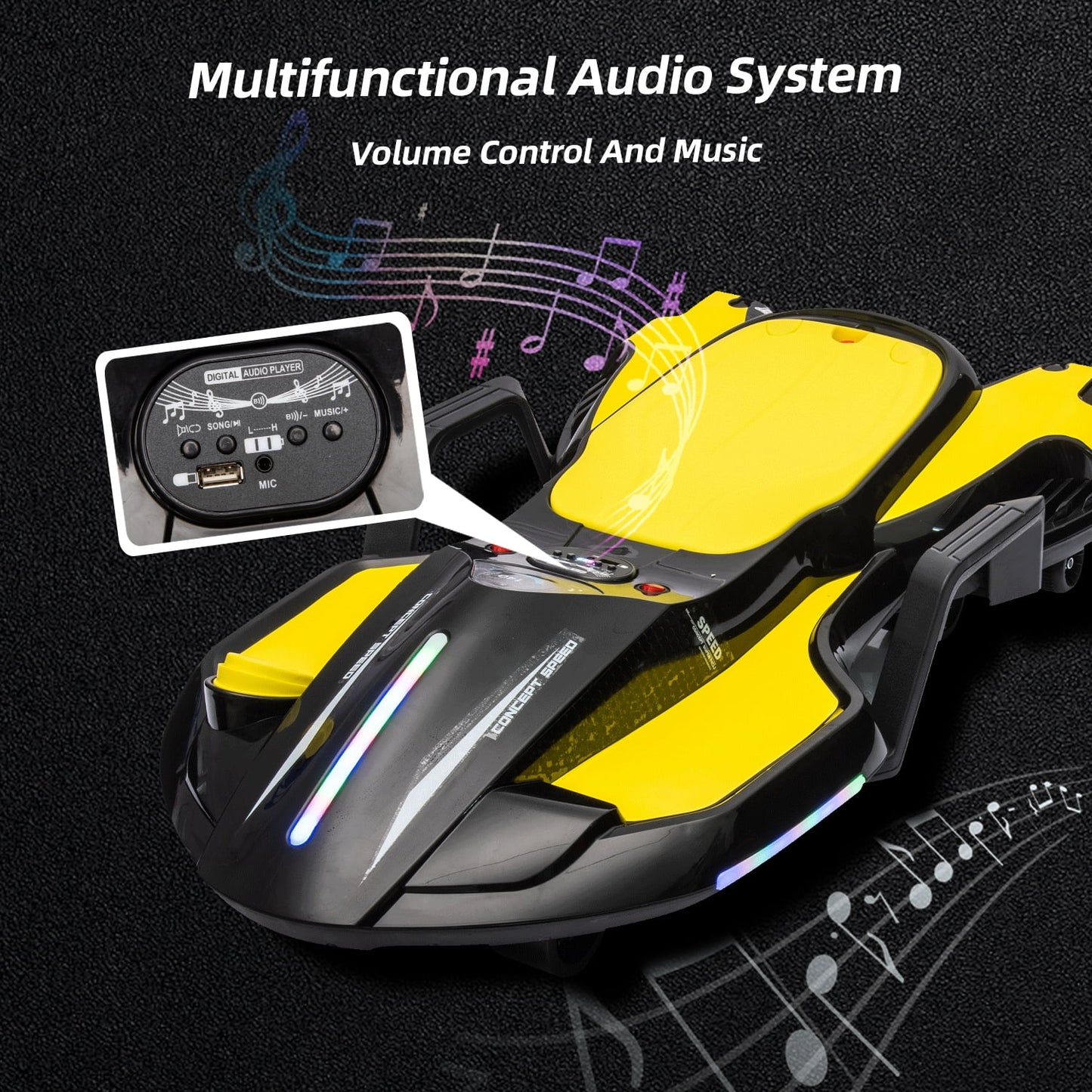 LISUEYNE 24V Ride on Car with Helmet, Knee Pads, Gloves, Devilfish Pattern Ride on Electric Scooter with Spray Function, Gravity Steering, Music, Hnadrails, Max Speed 6.84 mph, Black&Yellow