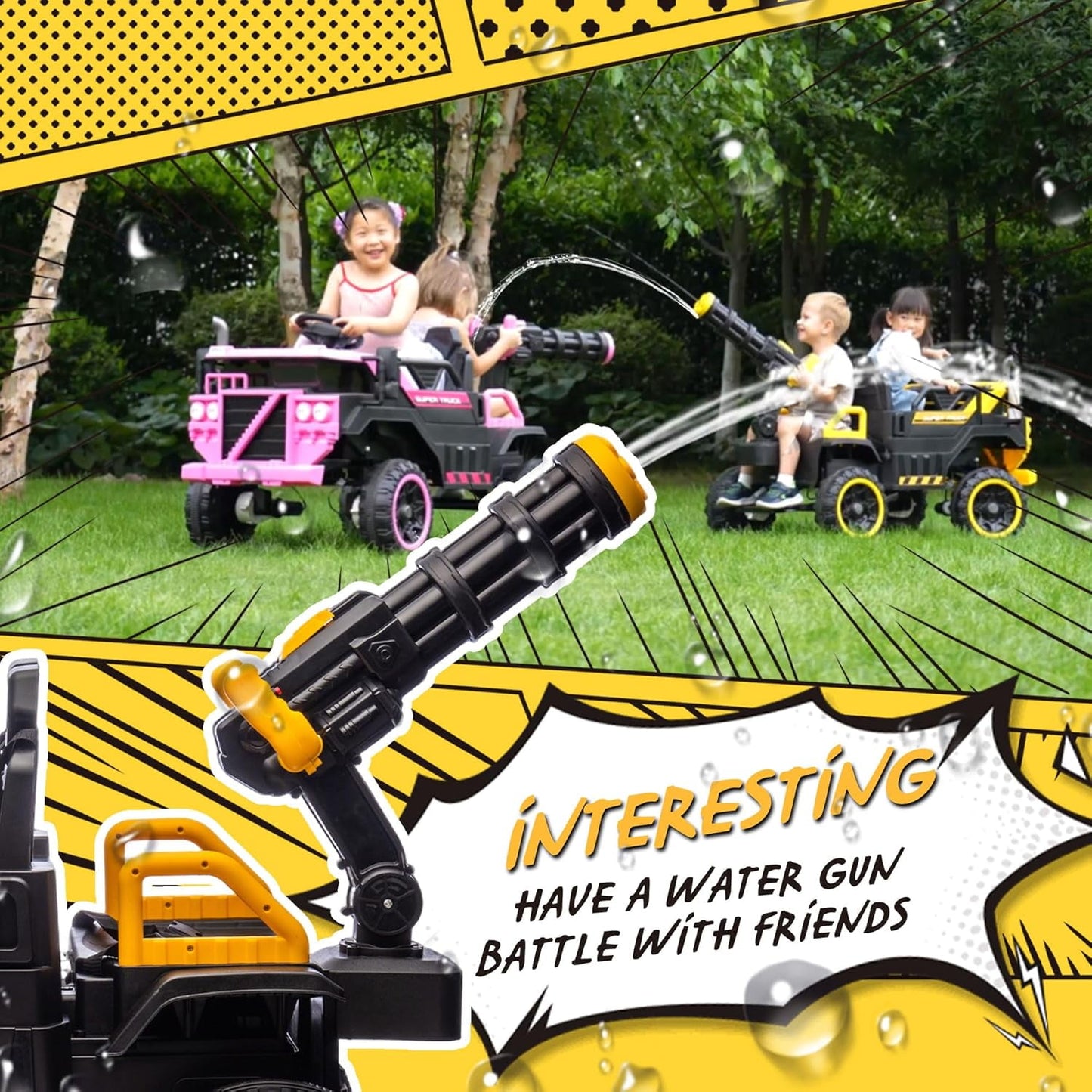 Track Seven 24V Ride on Car, 3-Seater Elecric car with Water Gun, Bluetooth, Remote Control, LED Lights, 2WD/4WD, Off-Road Truck for Boys Girls Age 3+, Yellow