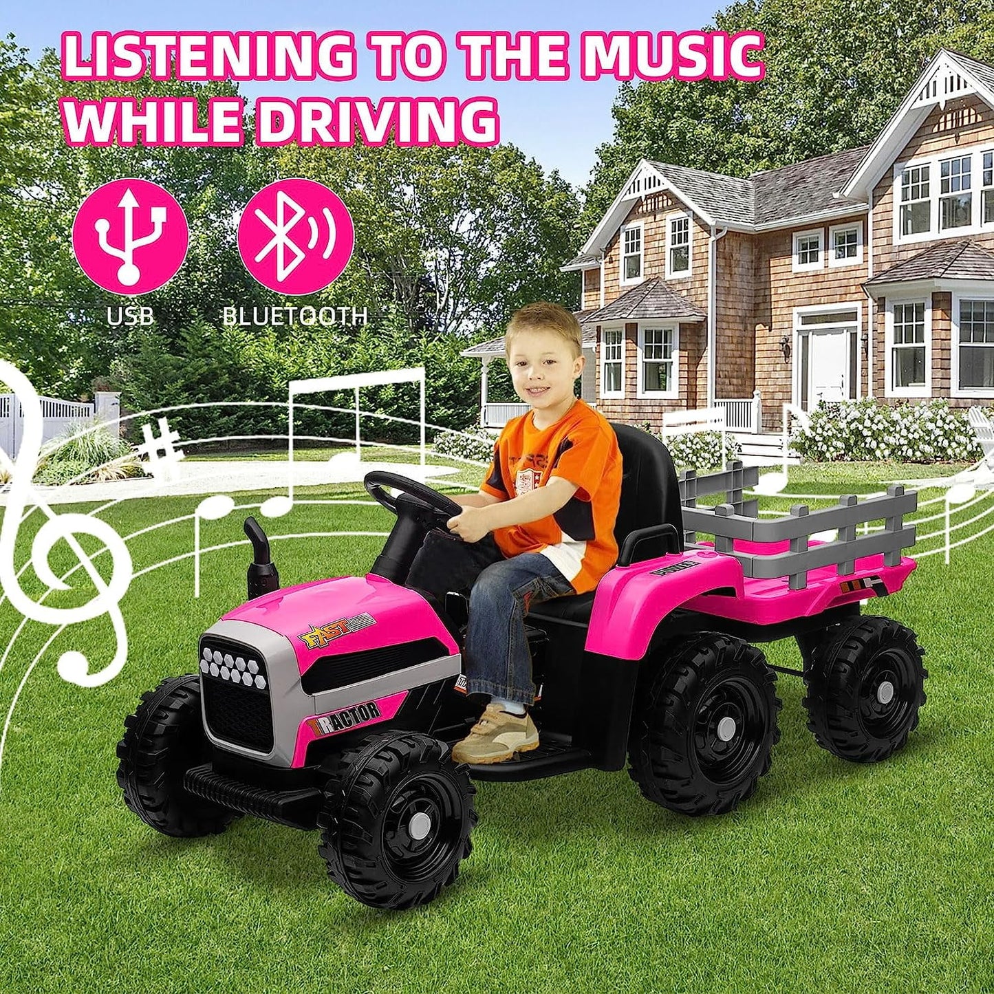 Track Seven 24V Ride on Tractor with Trailer, 400W Motor, 6-Wheels Ride on Truck Car with Remote Control, Music, Lights, Electric Tractor Max Speed 5 mph, Rose Red