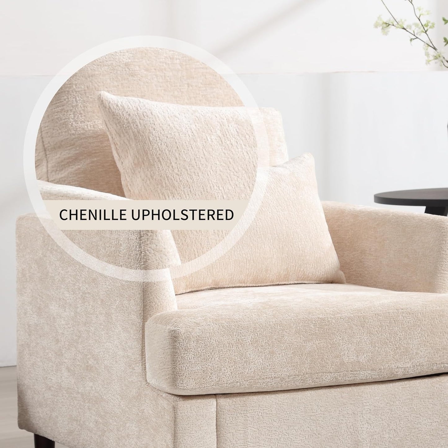 BISHE Mid Century Modern Armchair, Solid Wood Frame Accent Chair with Tufted Chenille Upholstery & Studded Details, Comfortable Lounge Chair for Living Room, Bedroom or Reading Nook, Beige