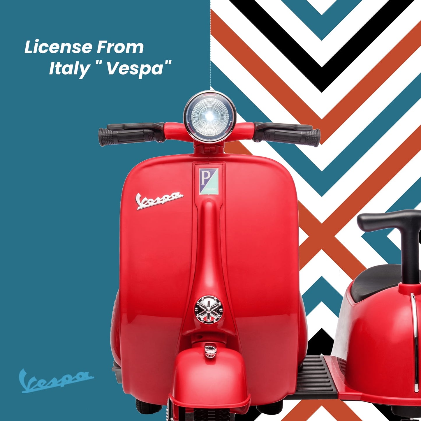 Track Seven Licensed Vespa Ride on Motorcycle with Side Car, 2-Seater Electric Car with Music, Storage Bin, Max Speed 3.7mph, Red