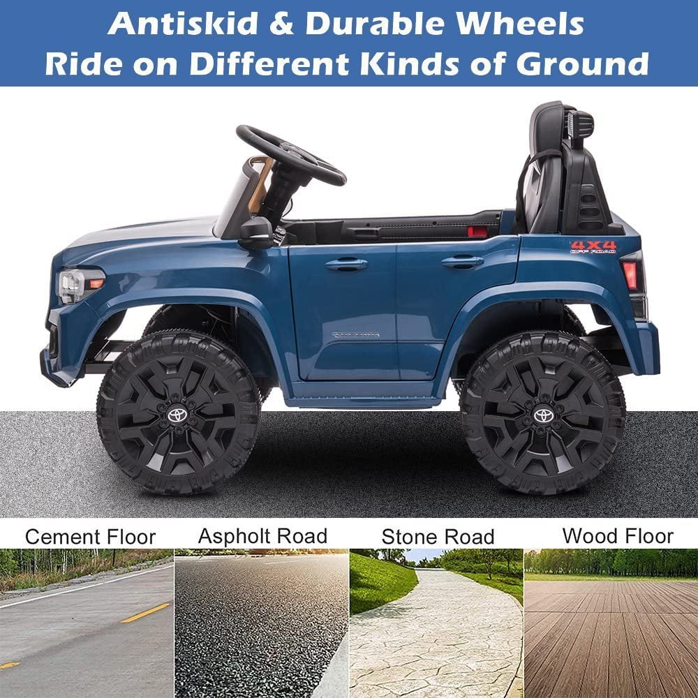 Track 7 Ride on Car with Remote Control, 12V Toyota Tacoma Electric Car for Boys Girls Age 3+, AUX/FM/USB, Storage Truck, Blue