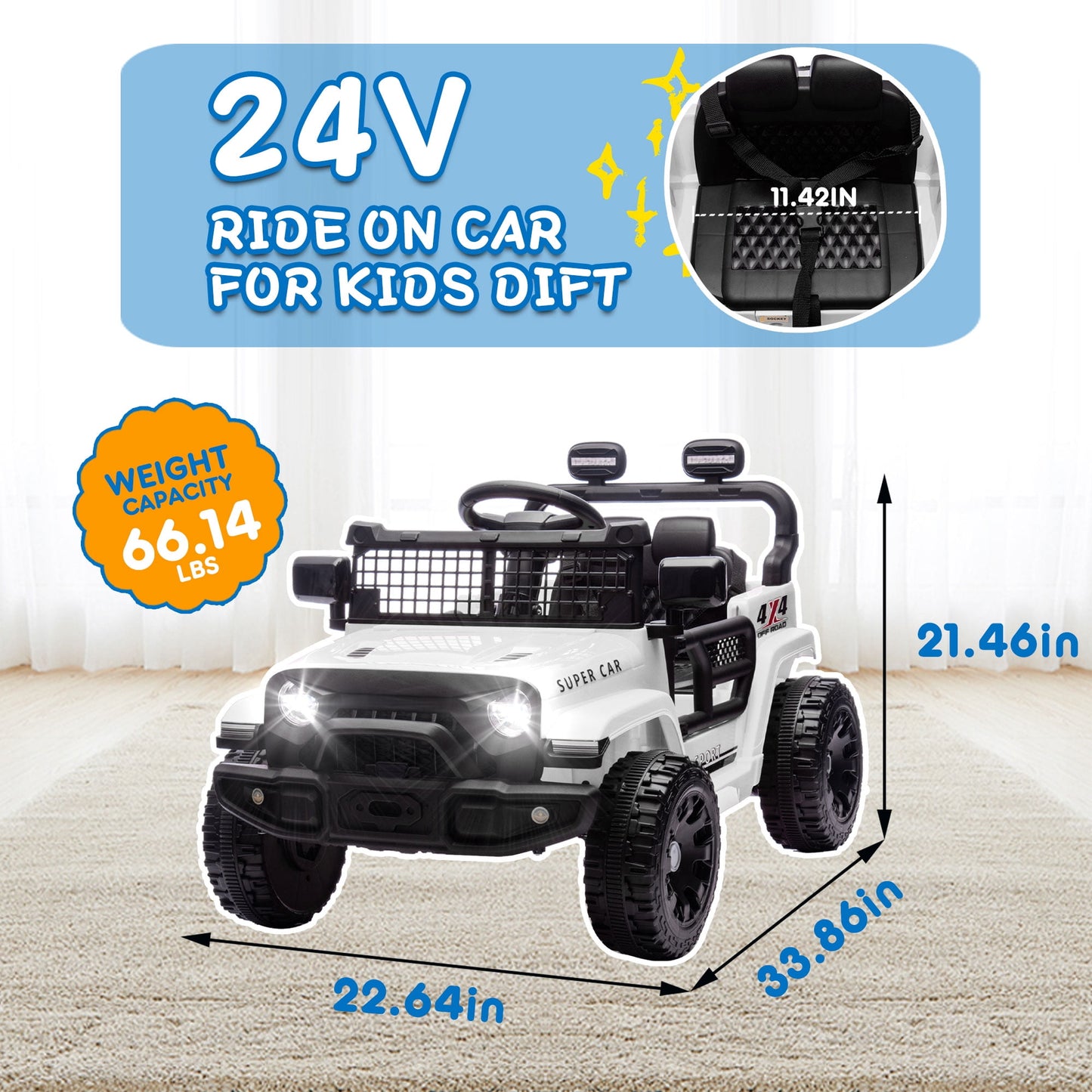 Track Seven 24V Kids Ride on Truck, Electric Car with Remote Control, Four-Wheel Suspension, Power Display, Bluetooth, MP3 Player, LED Lights, Kids Ride on Toy Car for Boys Girls Aged 3+, White