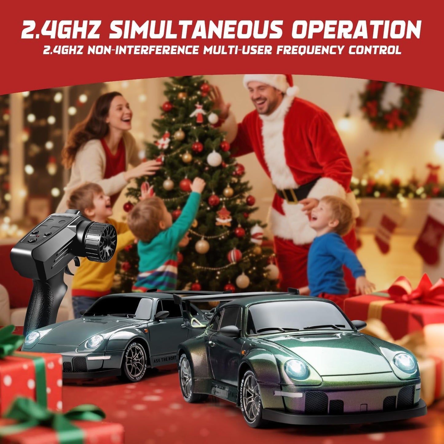 Track Seven RC Drift Car, 1:24 Scale Remote Control Vehicle with LED Lights, 2.4GHz 20KM/H 4WD High Speed RC Cars, Drifting Tires&Two Batteries, Racing Sports Toy Idea Gift for Adults Boys Girls