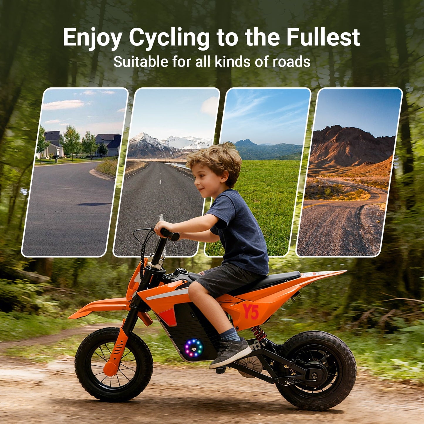 Track Seven 24V Electric Dirt Bike, 250W Ride on Motorcycle, 3 Speed Up-to 9.32 mph, Battery Display, Rear Suspension, Disc Brake, Bluetooth, LED Light, Electric Motocross Bike for Kids Aged 8+, Oran