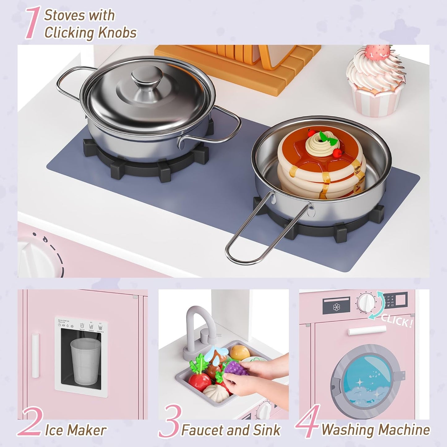 Track Seven Play Kitchen for Kids, Wooden Kids Kitchen Playset with Storage and Realistic Details, Pretend Play Kitchen Set with Ice Maker, Clicking Knobs, Sink, Washing Machine For Toddlers Ages 3+