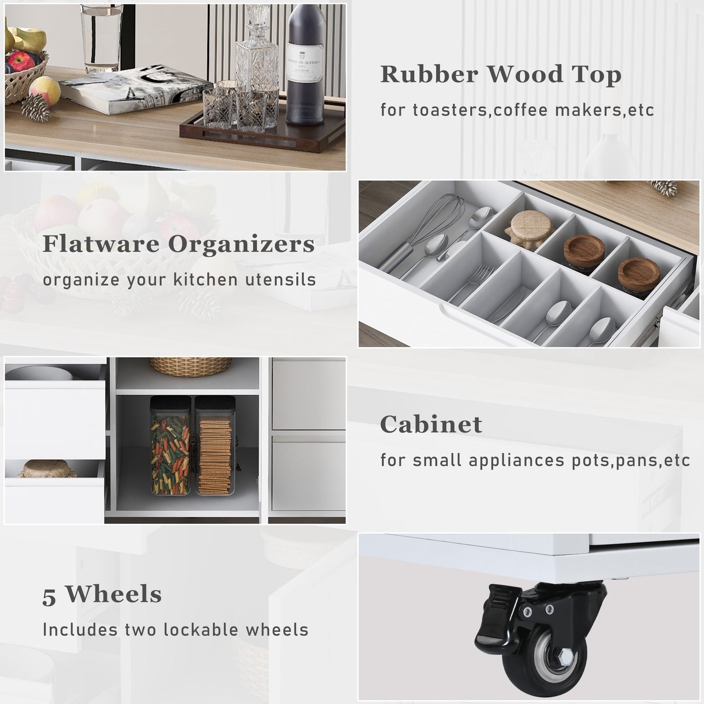 COOKCOK Kitchen Cart with Wood Countertop, Rolling Kitchen Storage Cabinet on Wheels with 8 Handle-Free Drawers, Rolling Mobile Kitchen Island with Towel Rack, 53.2" Width, White