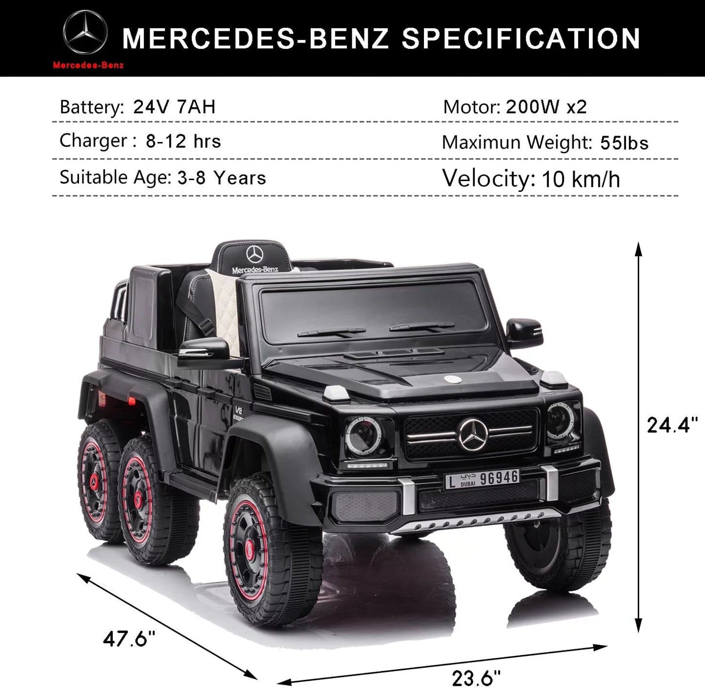 Track Seven 24V Ride on Car, Licensed Mercedes Benz G63 24V Electric Car with Remote Control, Music, Bluetooth, Leather Seat, 6 Wheels Kids Ride on Truck, Black