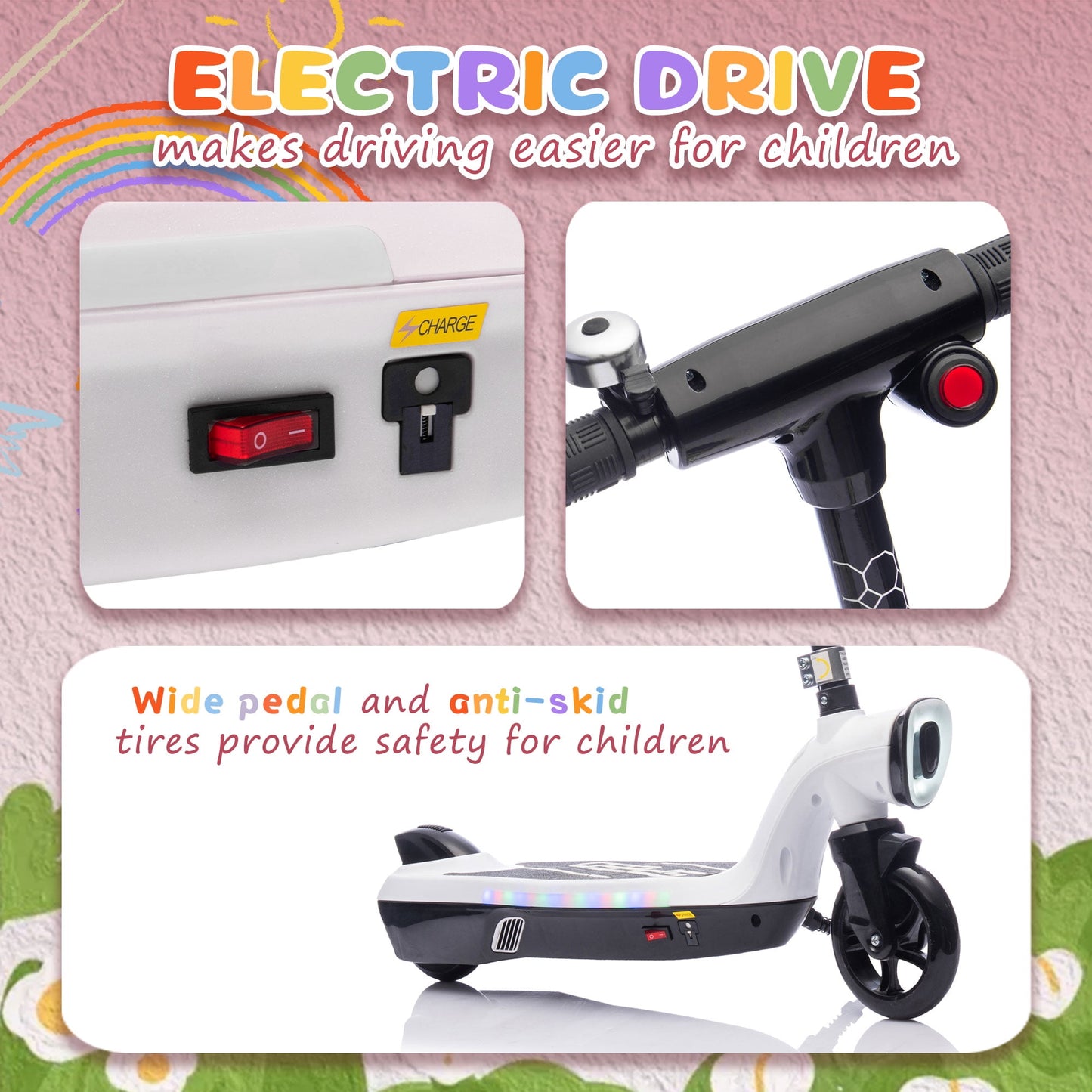 Track Seven 12V Electric Scooter for Kids, Front Big Light, Colorful Lights, Bell, 6.5" Wide Pedal, Rear Wheel Brake, Max 6.84MPH, Kids Electric Kick Scooters for Teens Boys Girls Aged 6+, White