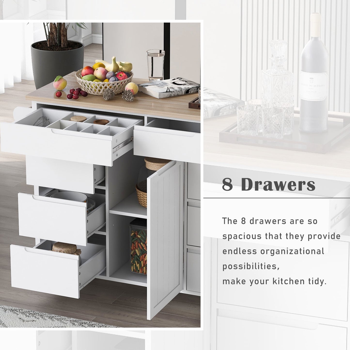 COOKCOK Kitchen Cart with Wood Countertop, Rolling Kitchen Storage Cabinet on Wheels with 8 Handle-Free Drawers, Rolling Mobile Kitchen Island with Towel Rack, 53.2" Width, White