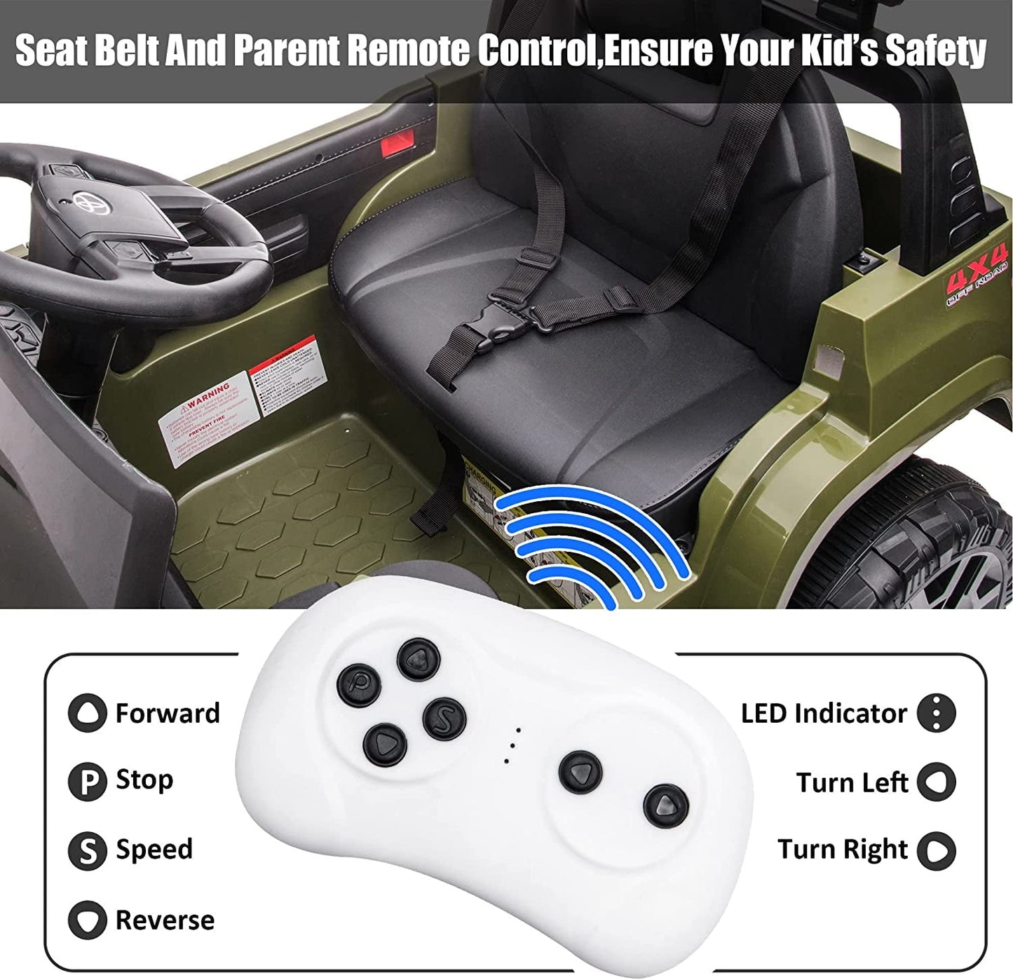 Track 7 Ride on Car with Remote Control, 12V Toyota Tacoma Electric Car for Boys Girls Age 3+, AUX/FM/USB, Storage Truck, Green