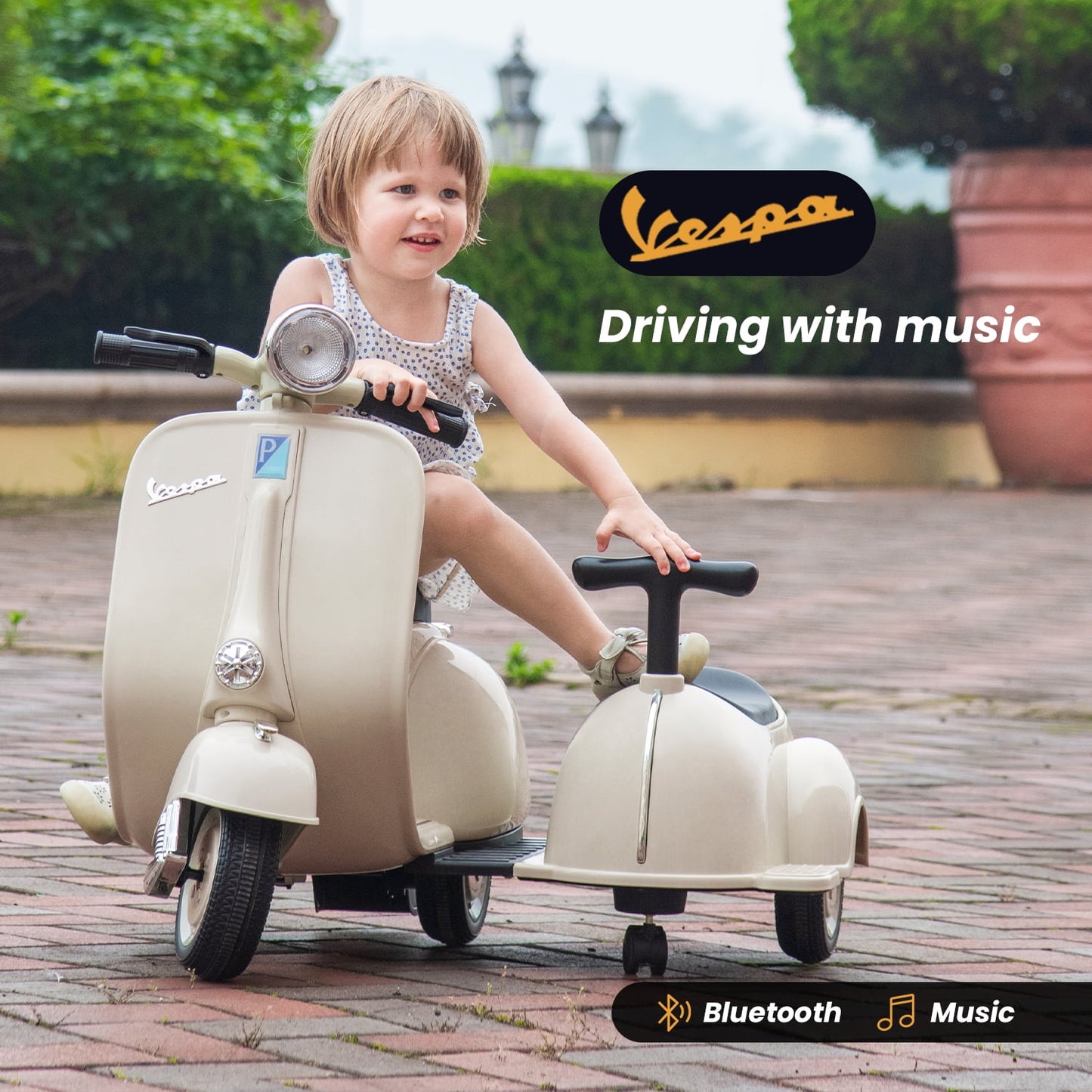 Track Seven Licensed Vespa Ride on Motorcycle with Side Car, 2-Seater Electric Car for Age 2+, Music, Storage Bin, Max Speed 3.7mph, Grey