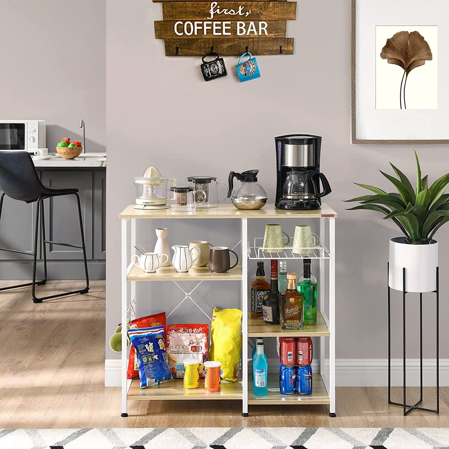 COOKCOK Kitchen Bakers Rack, Utility Storage Shelf, Microwave Oven Stand Shelf with Hooks, 3-Tier+3-Tier Table for Kitchen Organizer, Beige