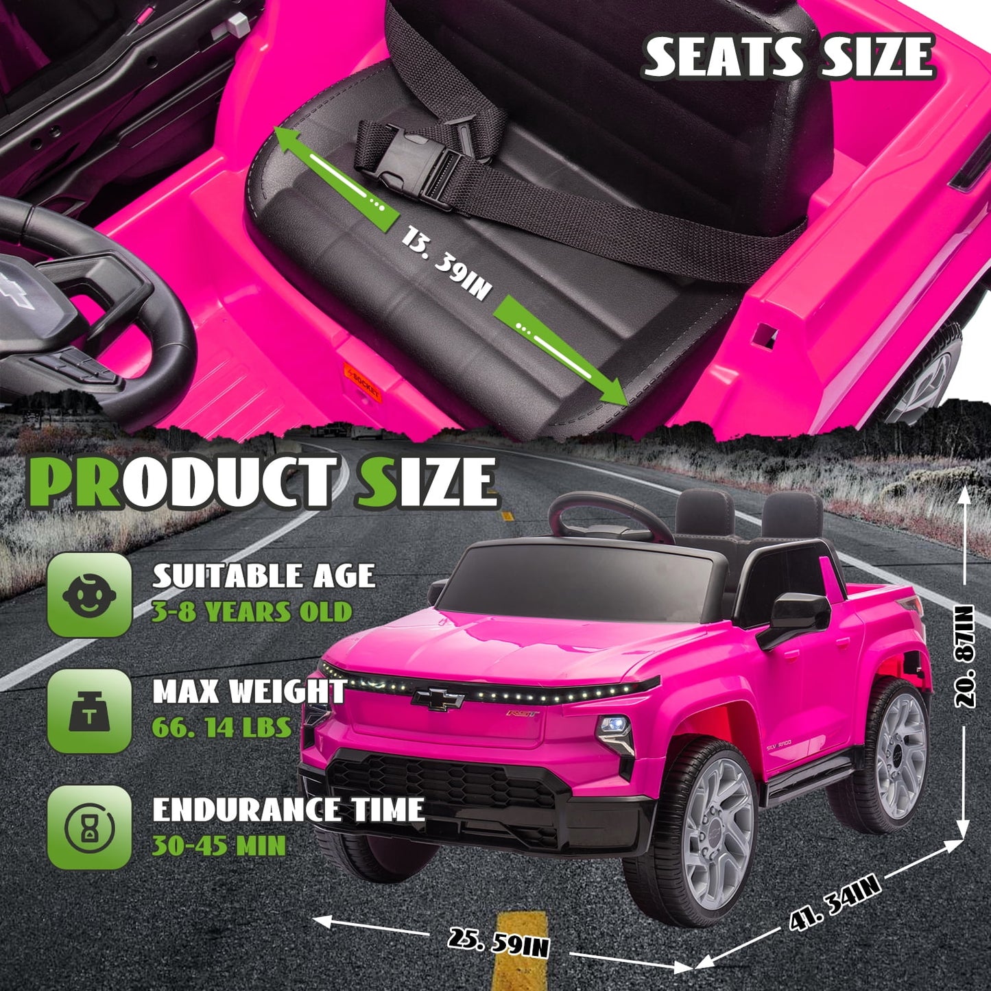Track Seven 24V Ride on Car, Licensed Chevrolet Silverado Electric Car Truck with Remote Control, Bluetooth, LED Lights, Power Display, Rear Storage Ride on Toy Car for Boys Girls Age 3+, Pink
