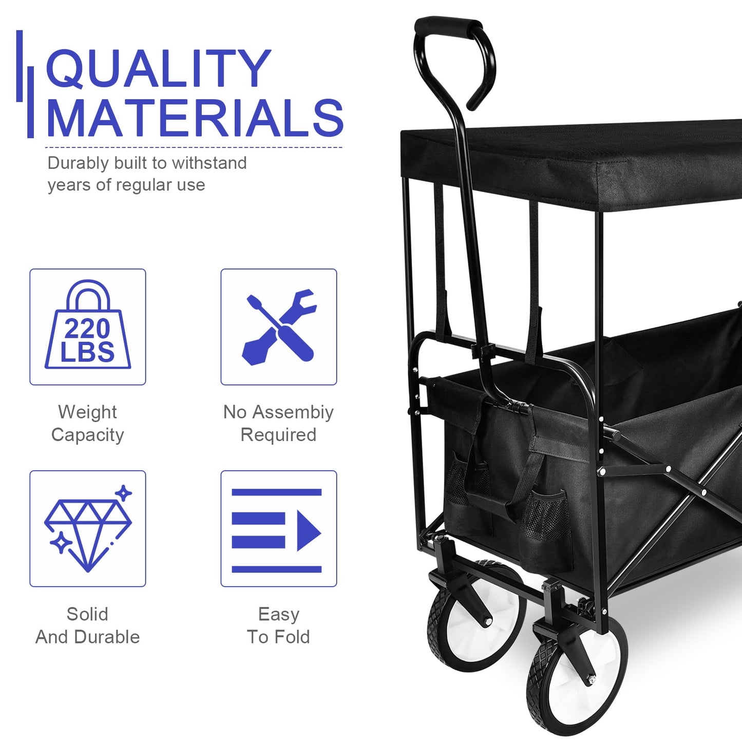 COOKCOK Folding Outdoor Utility Wagon with Removable Canopy,Adjustable Handles Garden Carts,Black