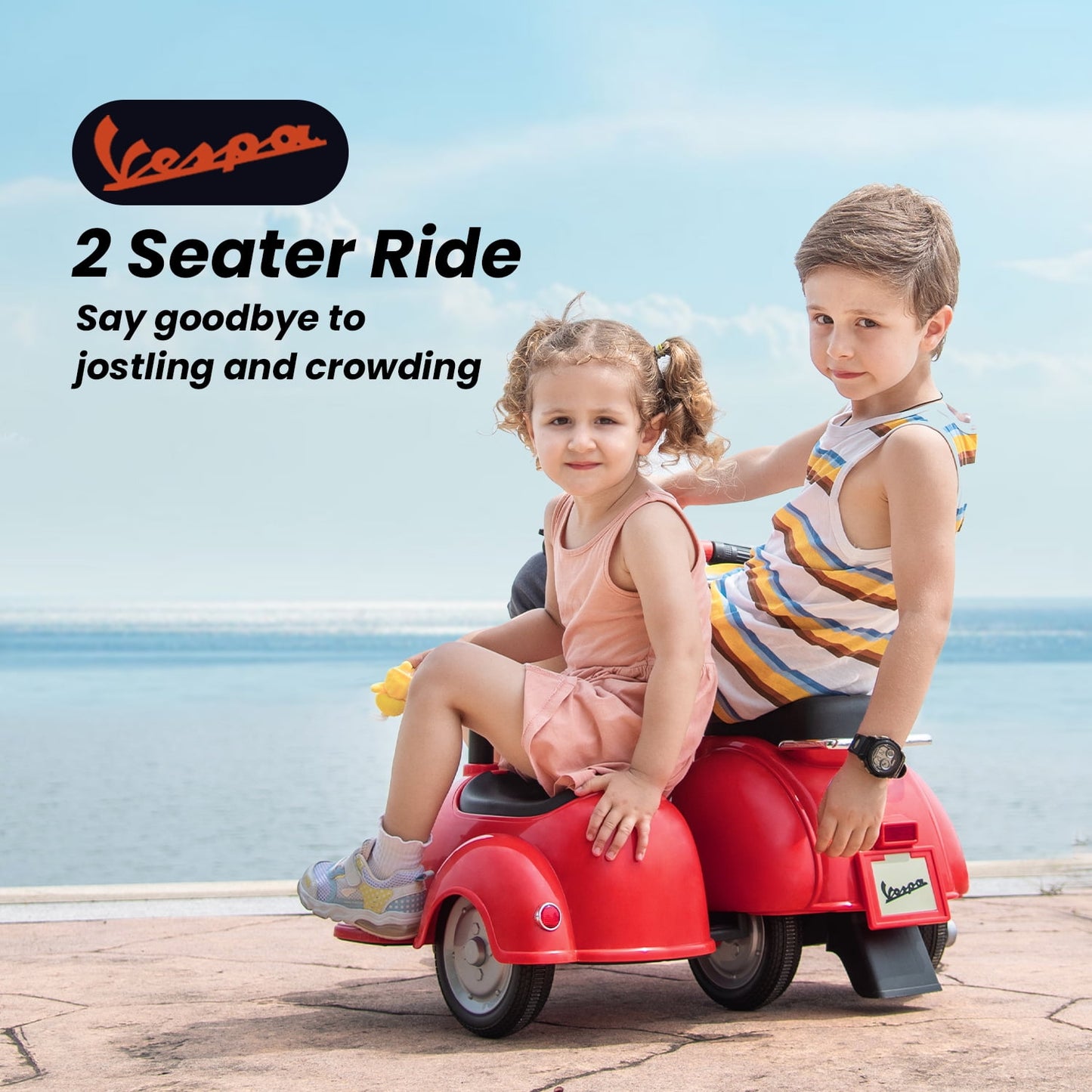 Track Seven Licensed Vespa Ride on Motorcycle with Side Car, 2-Seater Electric Car with Music, Storage Bin, Max Speed 3.7mph, Red