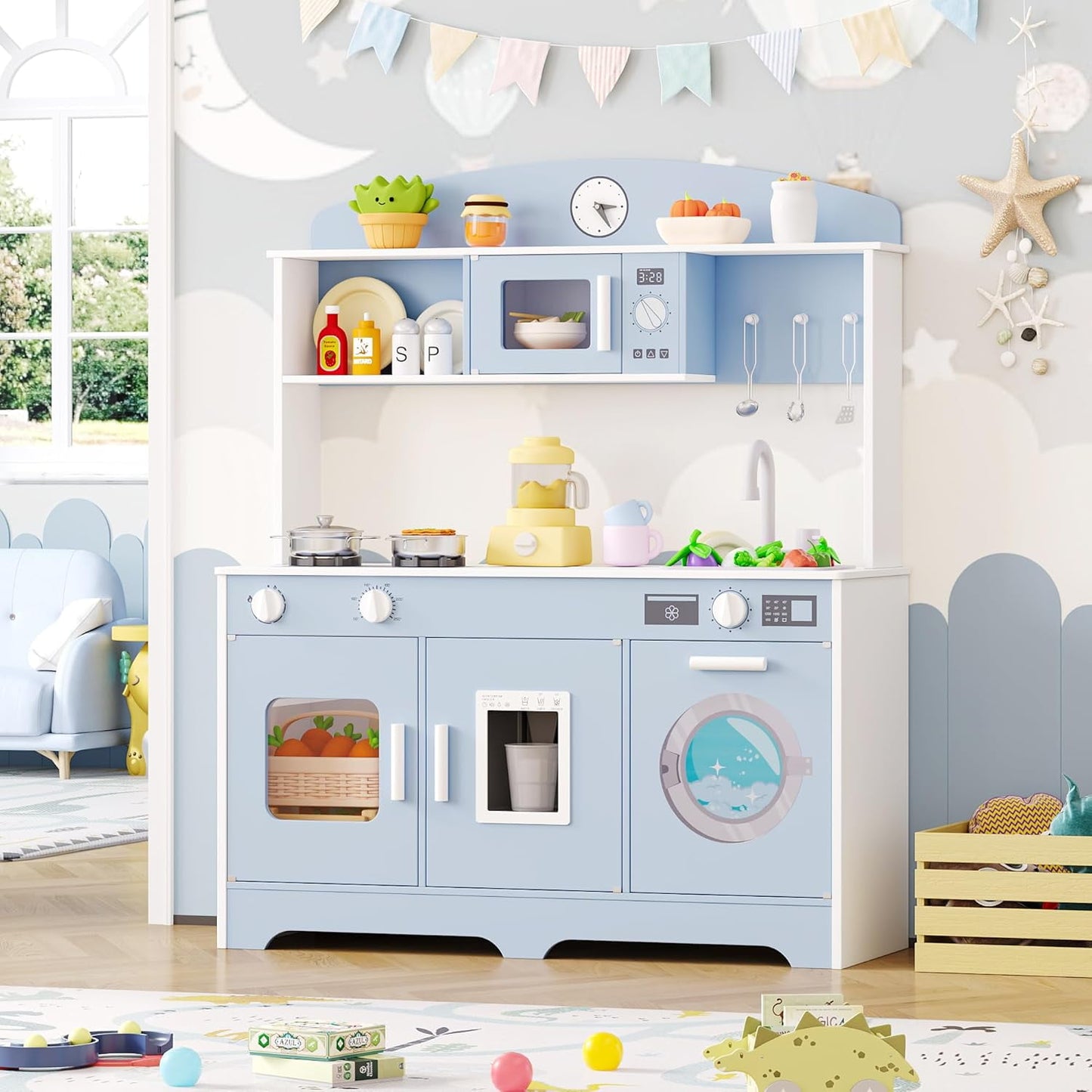 Track Seven Play Kitchen for Kids, Wooden Kids Kitchen Playset with Storage and Realistic Details, Pretend Play Kitchen Set with Ice Maker, Clicking Knobs, Sink, Washing Machine For Toddlers Ages 3+