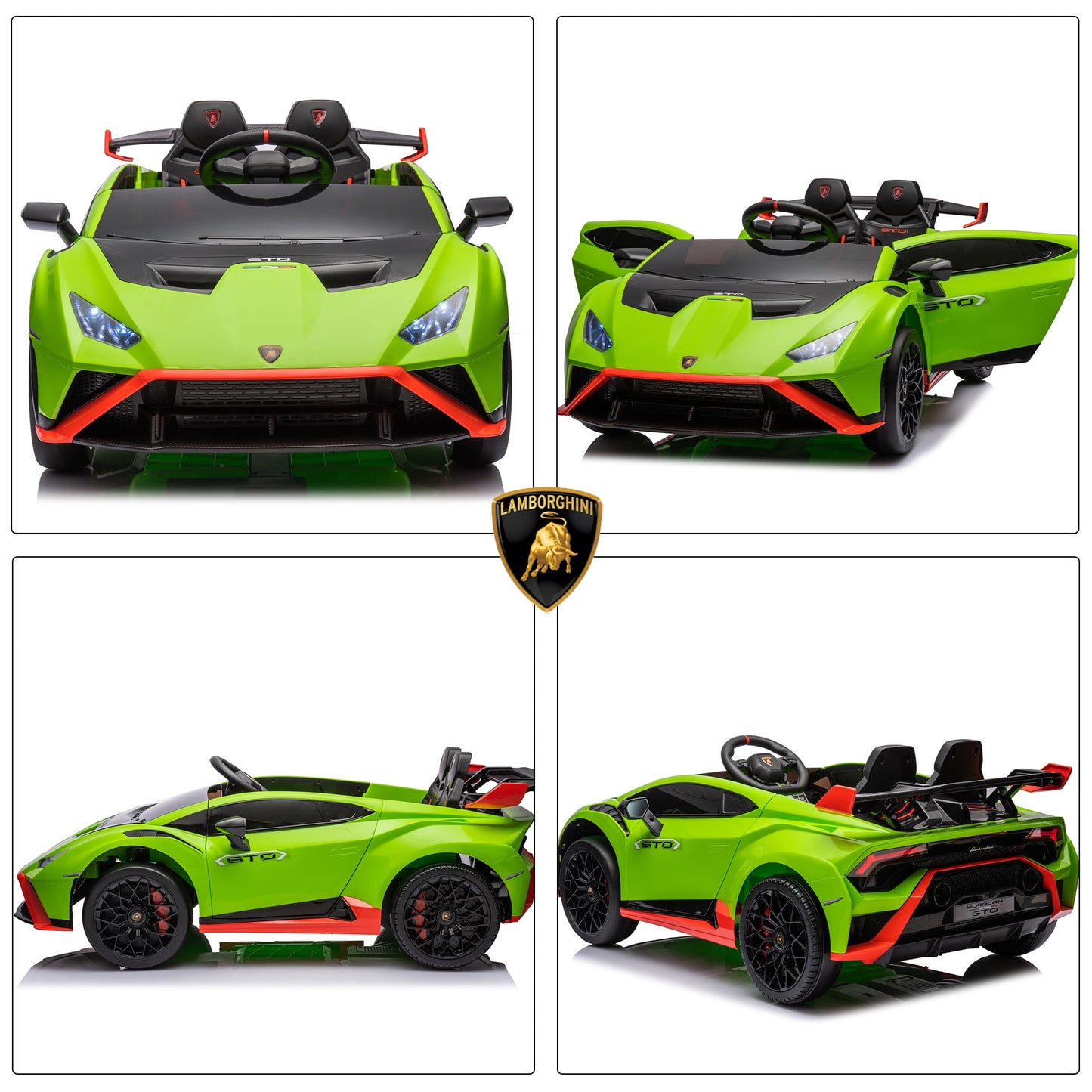 Track Seven 24V Kids Ride on Car, Licensed Lamborghini STO Electric Car for Boys Girls, 2-Seater Ride on Drift Car with Remote Control, Music, 360° Spin, Max Speed 6mph, Green
