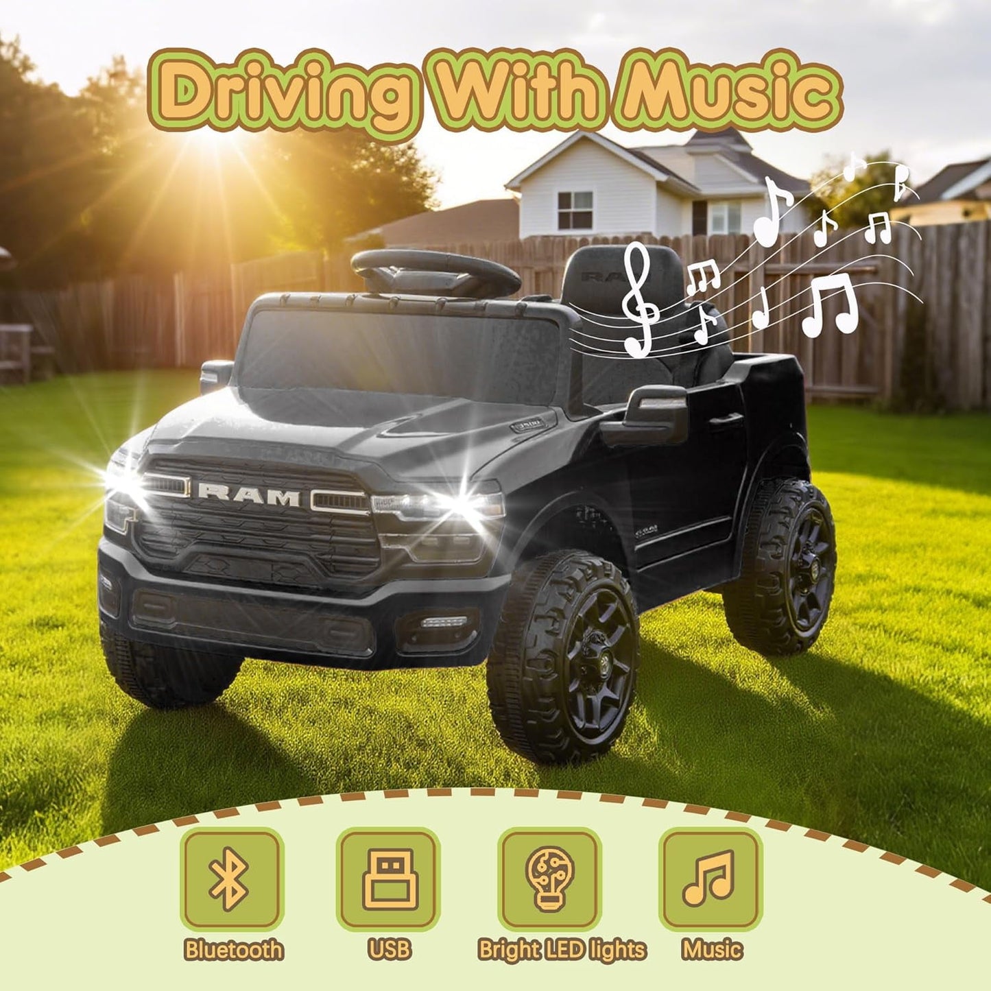 Track Seven 12V Ride on Car, Licensed Dodge RAM 3500 Ride On Truck with Remote Control, Rear Shock Suspension, LED Headlights, Low Battery Alarm, Bluetooth, Music, Ride on Toy for Kids Aged 3+, Black