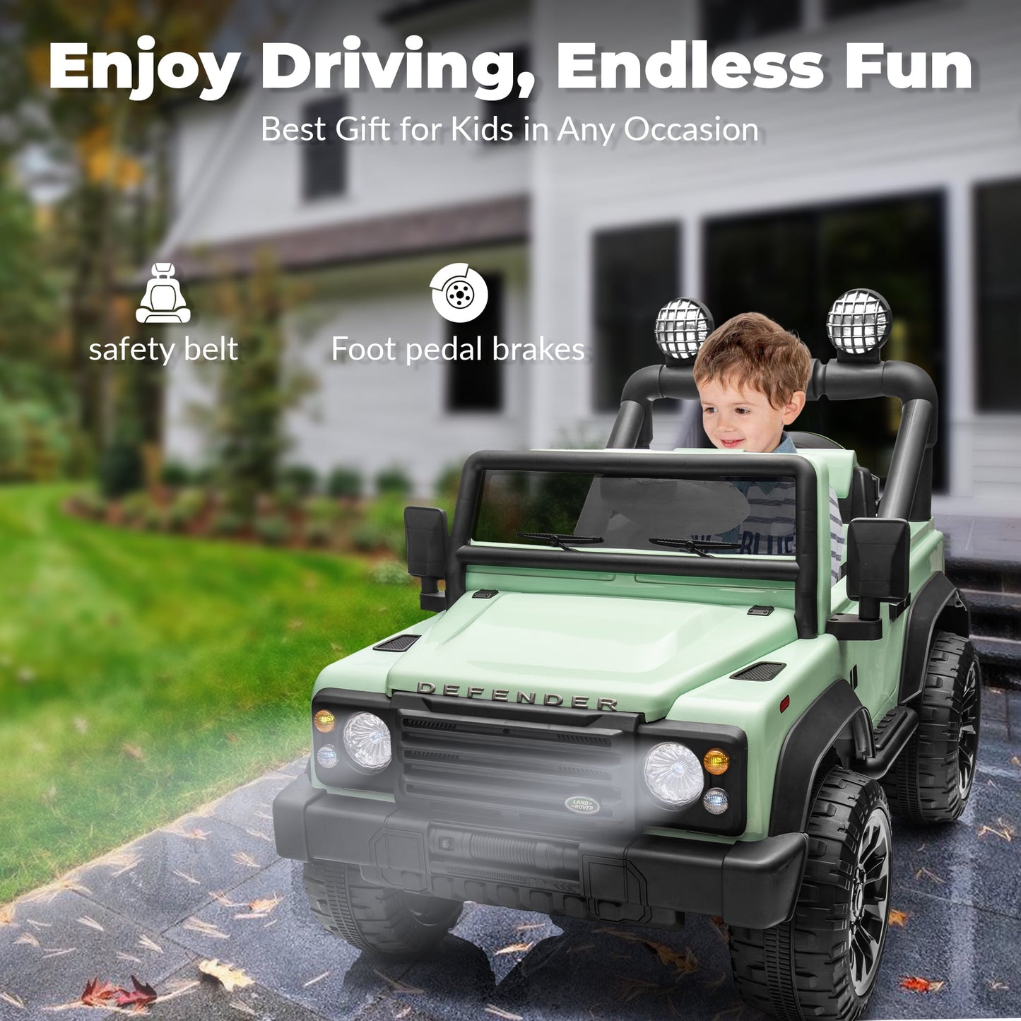 Track Seven Licensed Land Rover Defender Volta 5008 24V Ride-On Car, Electric Car with Remote Control, 2WD Drive, Bluetooth, LED Lights, Key Start, Rear Storage, 24V Ride on Toys for Ages 3+, Green