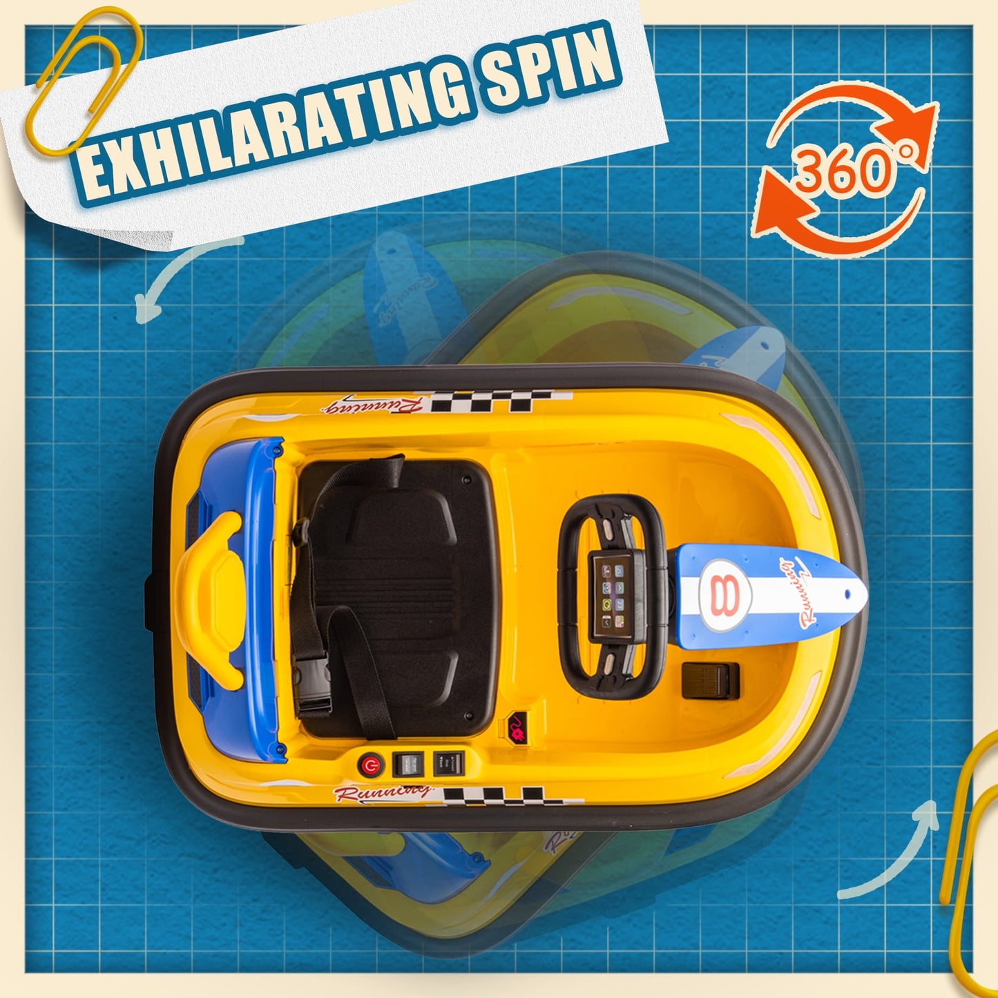 Track 7 6V Kids Ride On Bumper Car, Electric Toddles Ride On Car with Remote Control, 2 Driving Modes for Kids with Three Speed Adjustable, LED Lights, Horn, Bluetooth, Yellow