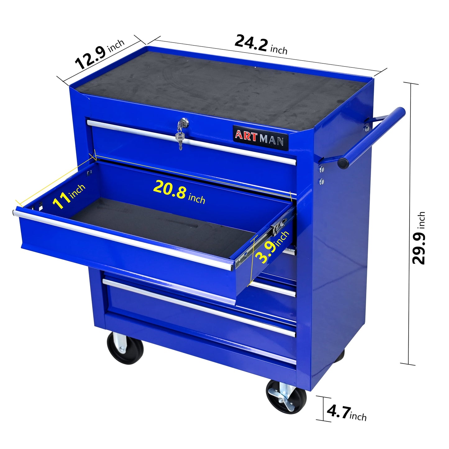 COOKCOK 5 Drawers Multifunctional Tool Cart, With Wheels,lockable, Steel, 24.25"L x12.99"W x 29.33"H, Blue