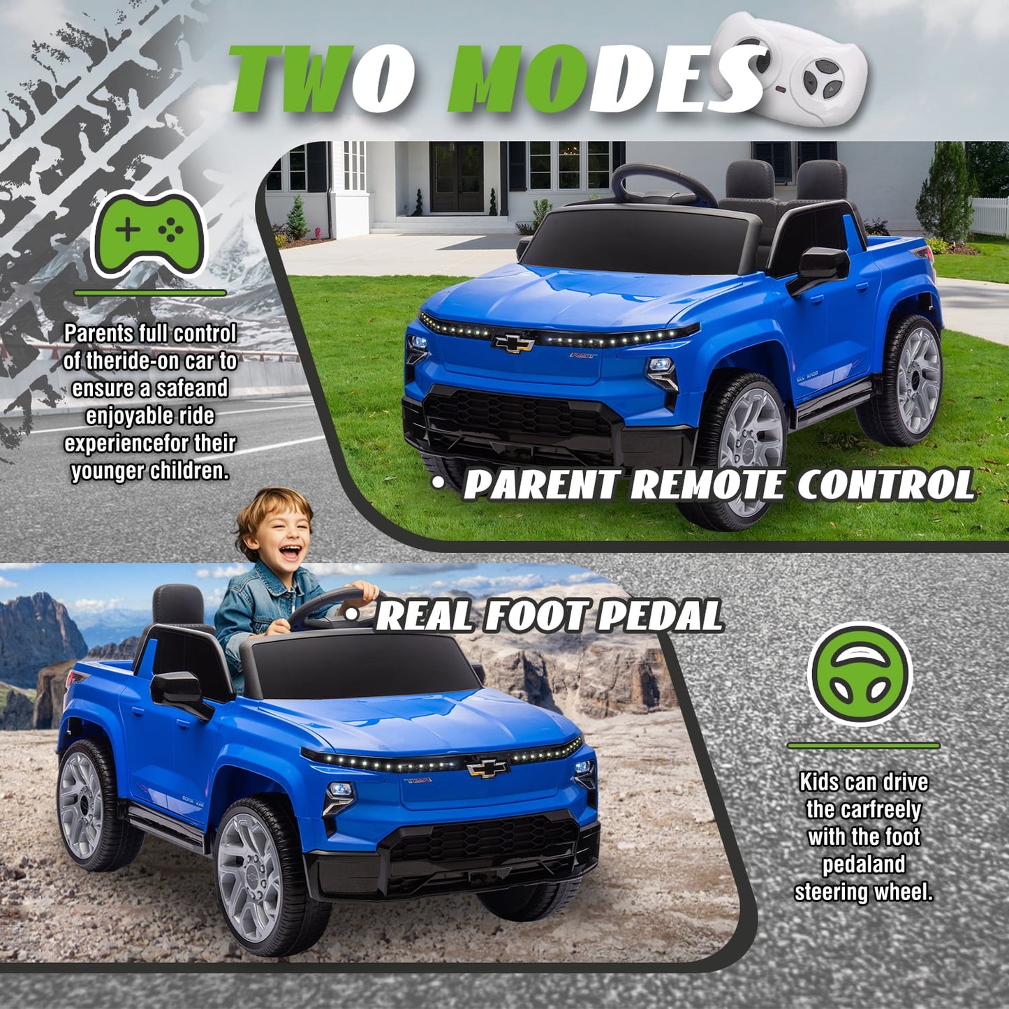 Track Seven 24V Ride on Car, Licensed Chevrolet Silverado Electric Car Truck with Remote Control, Bluetooth, LED Lights, Power Display, Rear Storage Ride on Toy Car for Boys Girls Age 3+, Blue