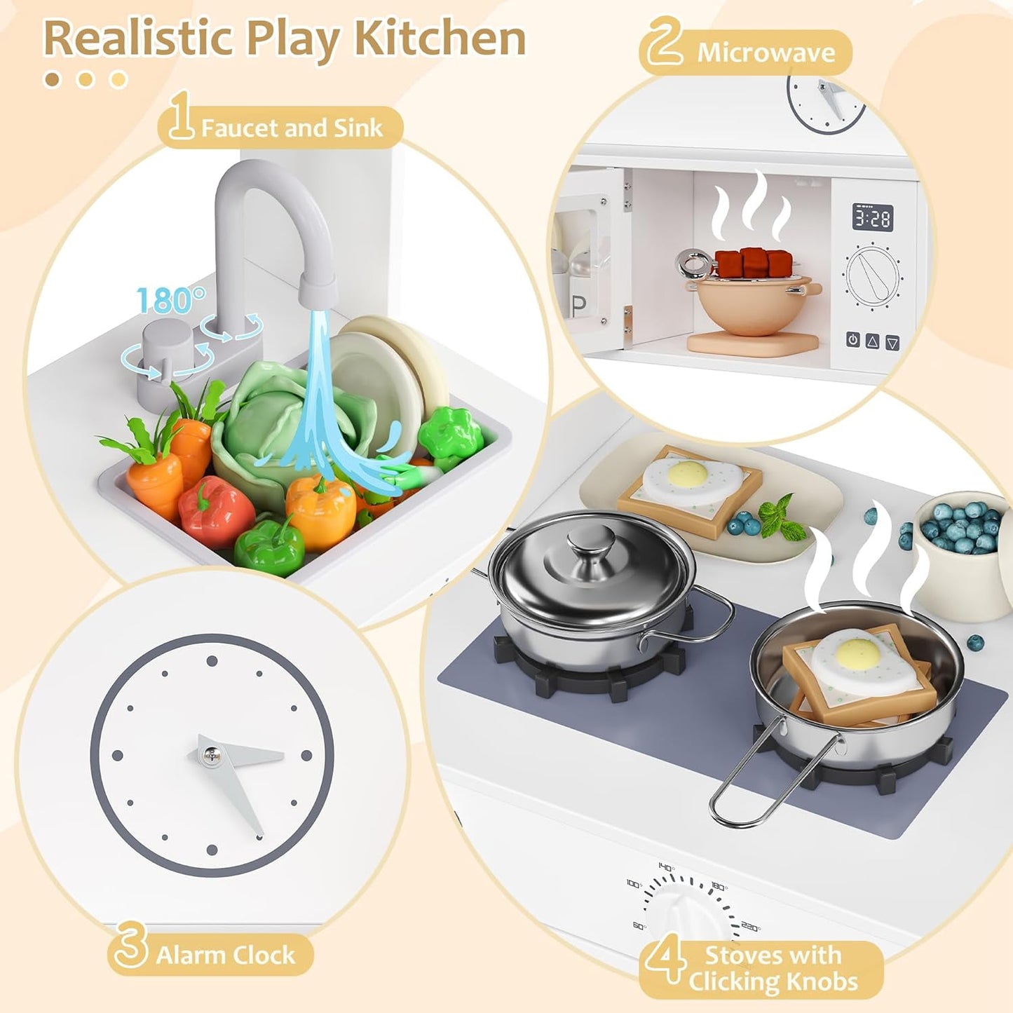 Track Seven Play Kitchen for Kids, Wooden Kids Kitchen Playset with Storage and Realistic Details, Pretend Play Kitchen Set with Ice Maker, Clicking Knobs, Sink, Washing Machine For Toddlers Ages 3+