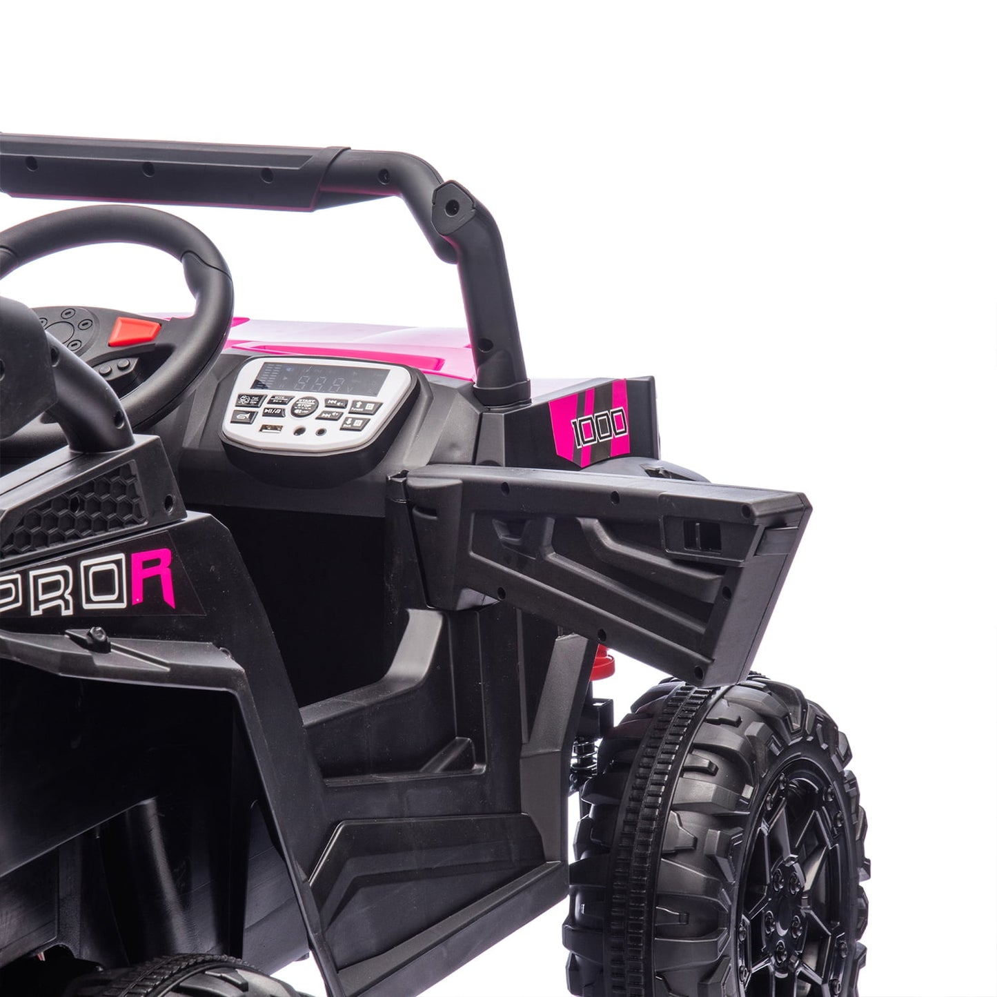 Track Seven 24V Ride on Car, 2WD Electric Off-Road UTV Truck w/ 400W Motors, Remote Control, Large Seat, Bluetooth, Lights, Power Display, Portable Handle, Electric Car for Boys Girls Aged 3+, Pink