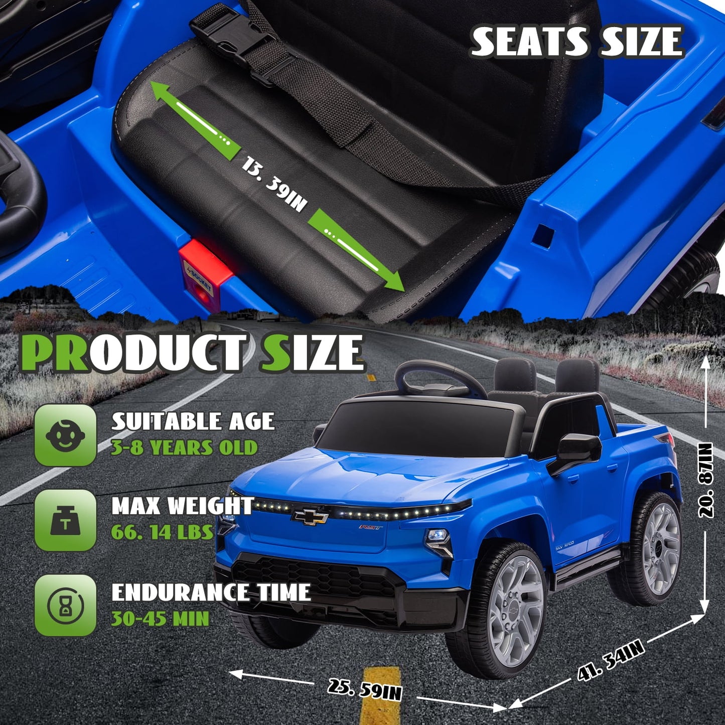 Track Seven 24V Ride on Car, Licensed Chevrolet Silverado Electric Car Truck with Remote Control, Bluetooth, LED Lights, Power Display, Rear Storage Ride on Toy Car for Boys Girls Age 3+, Blue