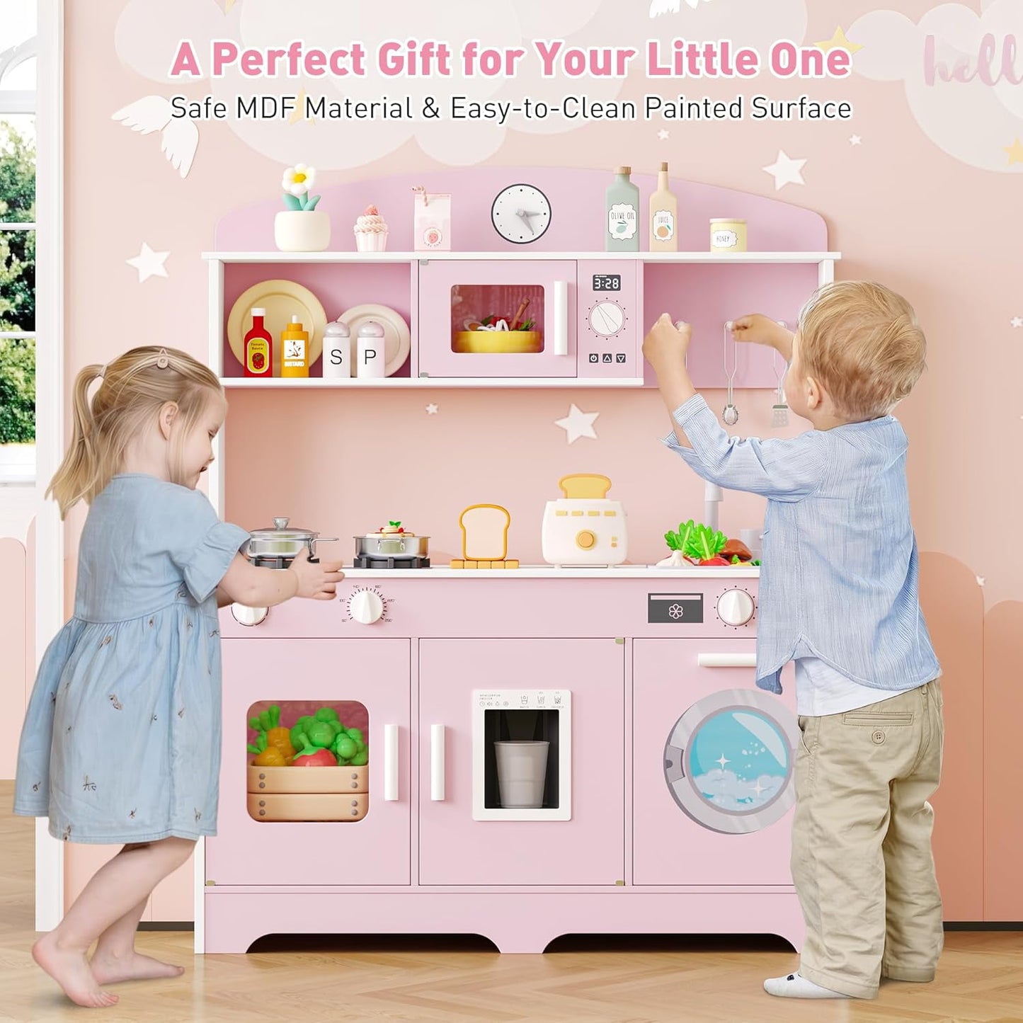 Track Seven Play Kitchen for Kids, Wooden Kids Kitchen Playset with Storage and Realistic Details, Pretend Play Kitchen Set with Ice Maker, Clicking Knobs, Sink, Washing Machine For Toddlers Ages 3+