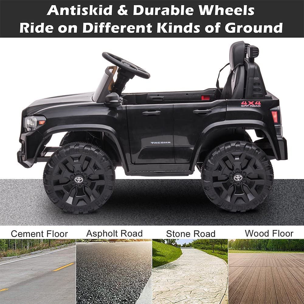 Track 7 Ride on Car with Remote Control, 12V Toyota Tacoma Electric Car for Boys Girls Age 3+, AUX/FM/USB, Storage Truck, Black