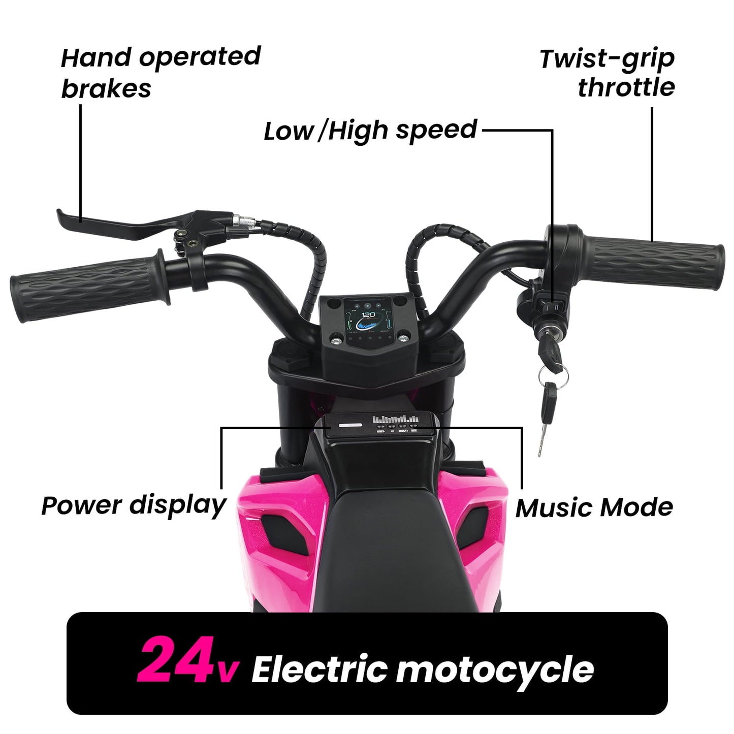 Track Seven 24V Electric Dirt Bike, 200W Motocross Ride on Motorcycle with Hand Operated Brakes, Adjustable Speed, LED Lamp, Music, Max Speed 10mph, Electric Motorcycle for Kids Age 5+, Pink