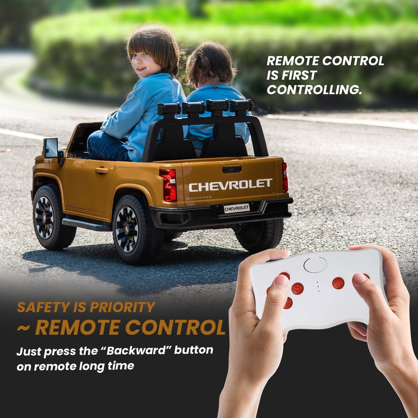 Track Seven 24V Ride on Car, Licensed Silverado HD 2 Seater Electric Car for Boys Girls Age 3+, 24V Ride on Truck w/Remote Control, Music, ABC, Brown