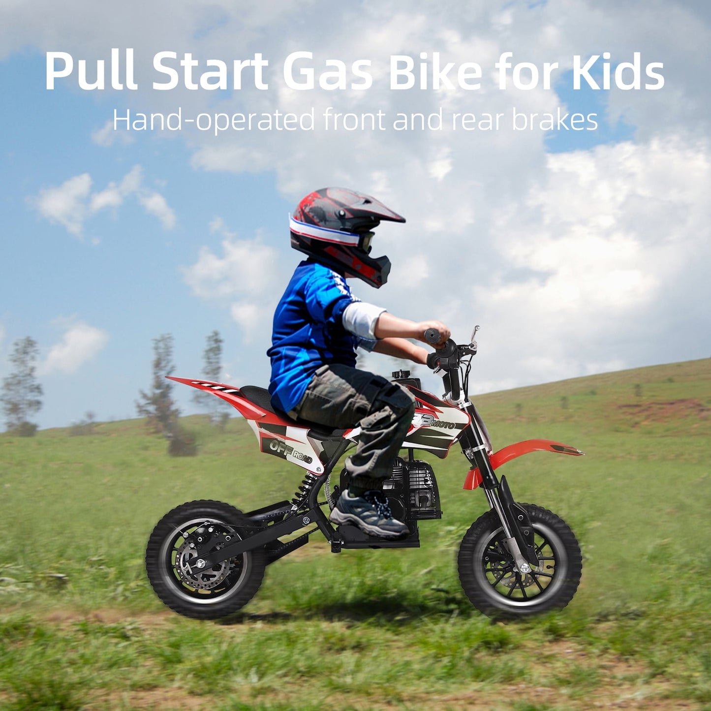 Track Seven 49CC 2-Stroke Kids Dirt Bike, Off Road Gas Motorcycle, Up to 20Mph, Gas Dirt Bike w/Rear Suspension, Pull Start, Front & Rear Disc Brake, Red