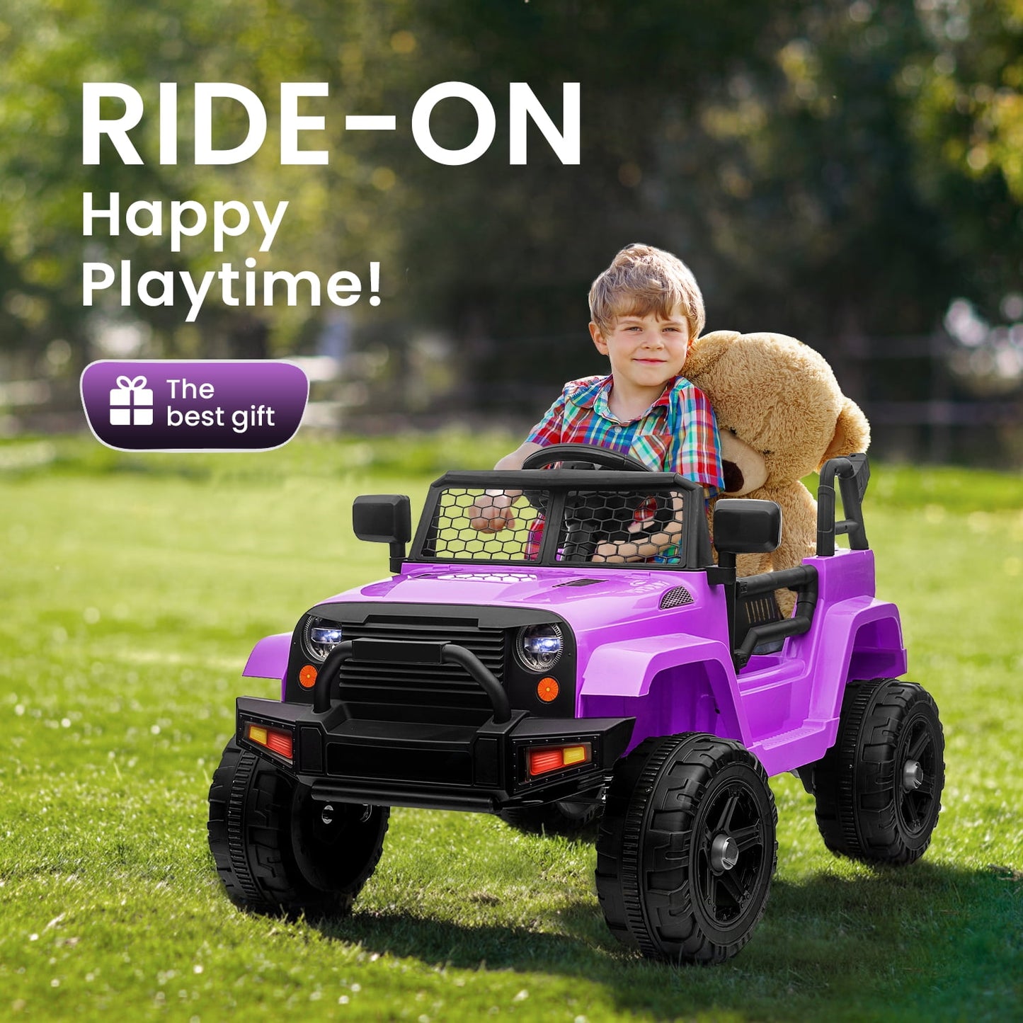 Track Seven Kids Ride on Truck, 12V Electric Car for Boys Girls Age 3+, Music, Ride on Car with Remote Control, Purple