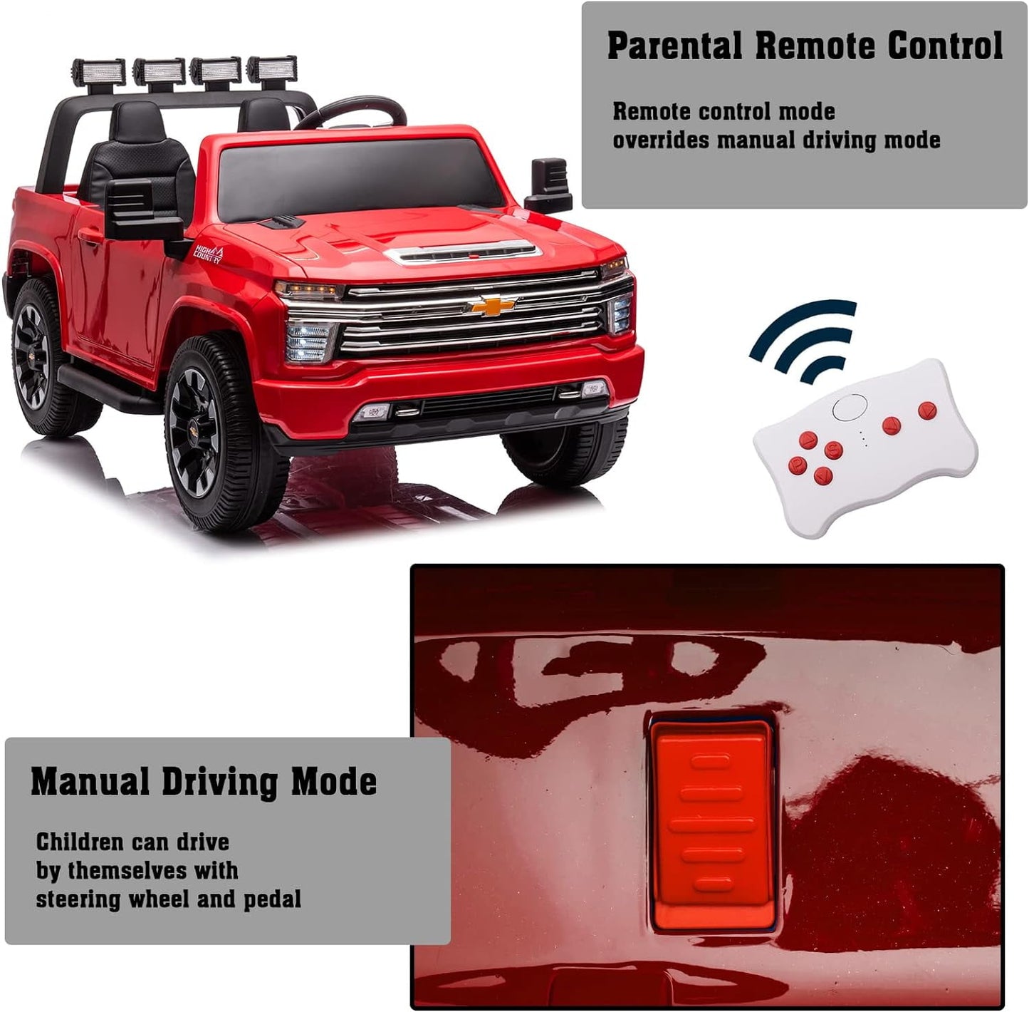 LISUEYNE 24 V Ride on Car, Licensed Silverado HD 2 Seater Electric Car for Boys Girls Age 3+, 24 V Ride on Truck with Remote Control, Music, ABC, Red