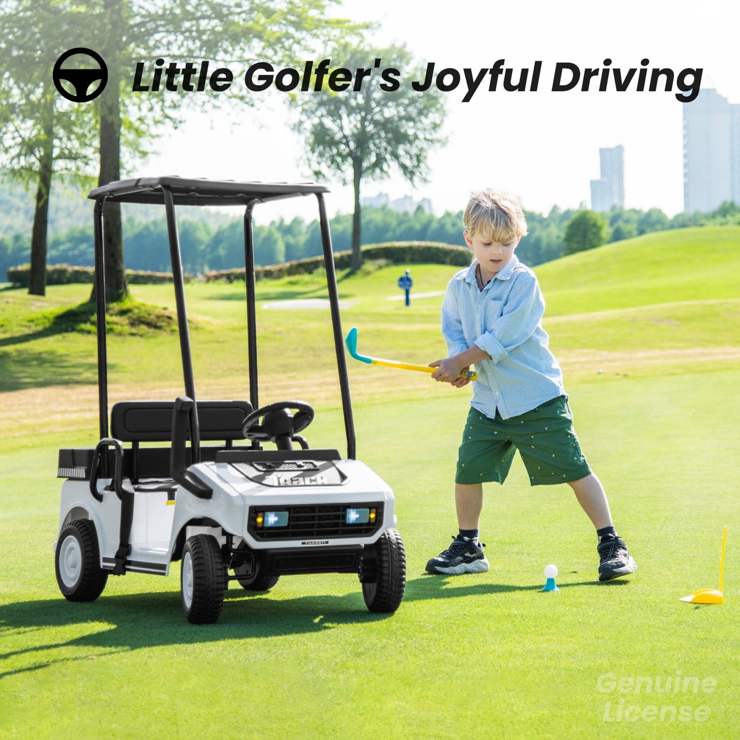 Track Seven 24V Ride on Car, Electric Golf Cart with Ceiling, Ride on Truck with Remote Control, Music, Rear Storage Box, Electric Car for Boys Girls Age 3+, 18.5" Large Seat with Armrests, White